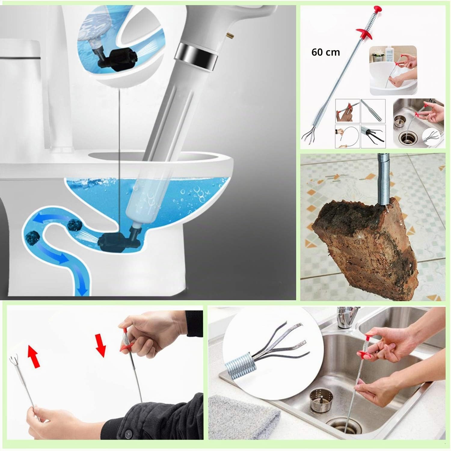 Meiyijia Desatascador de Tuberias para Fregadero,Desatascador de Drenaje Professional con Presión de Aire Potente,con 4 Ventosa, Toilet Plunger,Bañera, Ducha, Lavabo,Gris (División)