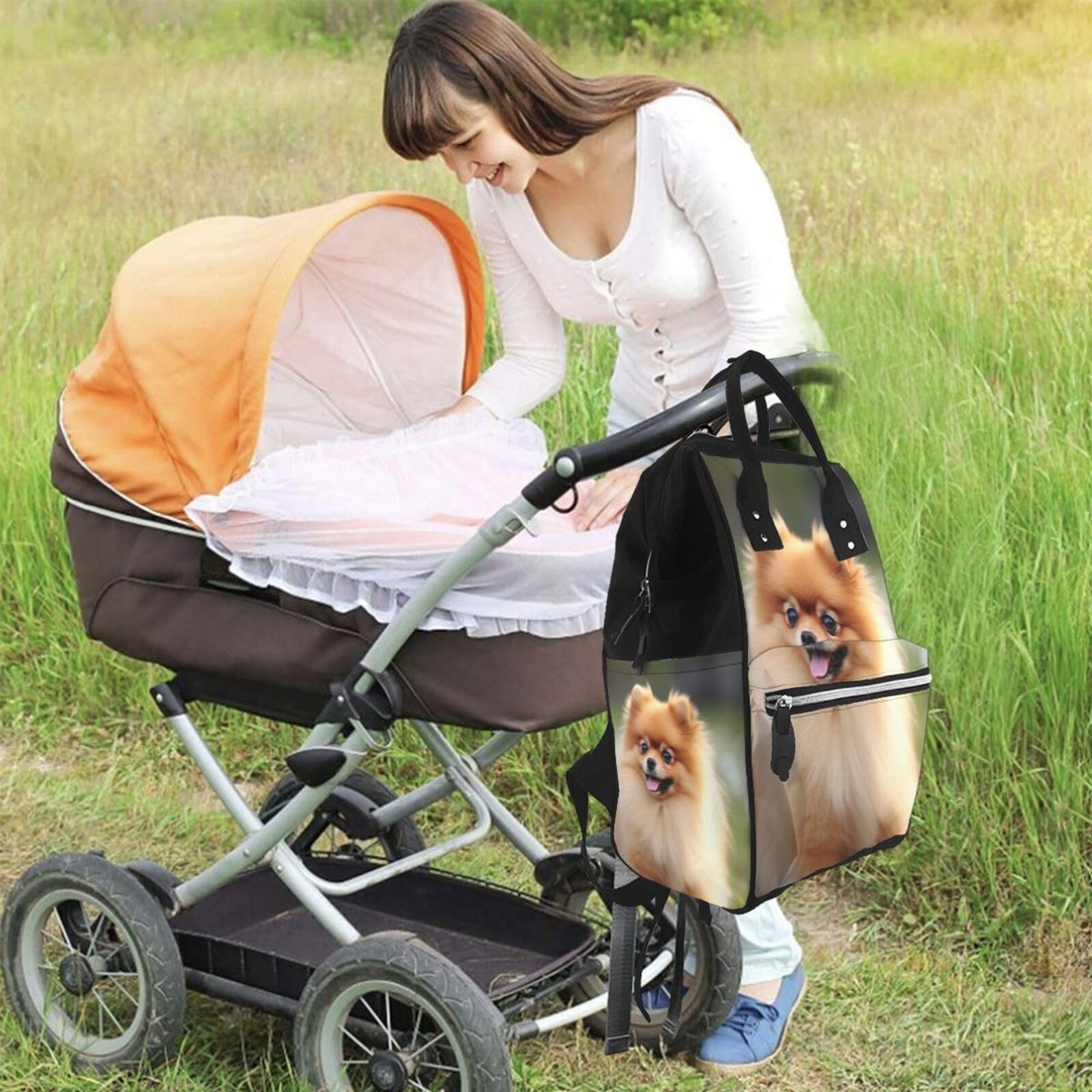 Sac à langer multifonction pour chien de Poméranie Sac à dos à langer Sac à dos imperméable grande capacité Sac de voyage pour bébé avec matelas à langer, porte-tétine