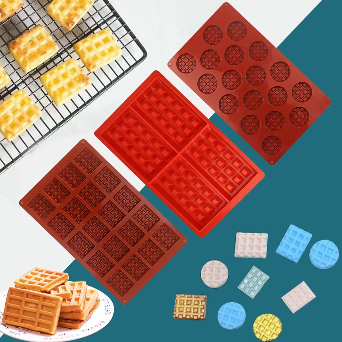 Paquete de 3 moldes de silicona para gofres, cuadrados y mini redondos, 18 y 20 cavidades, antiadherentes 6