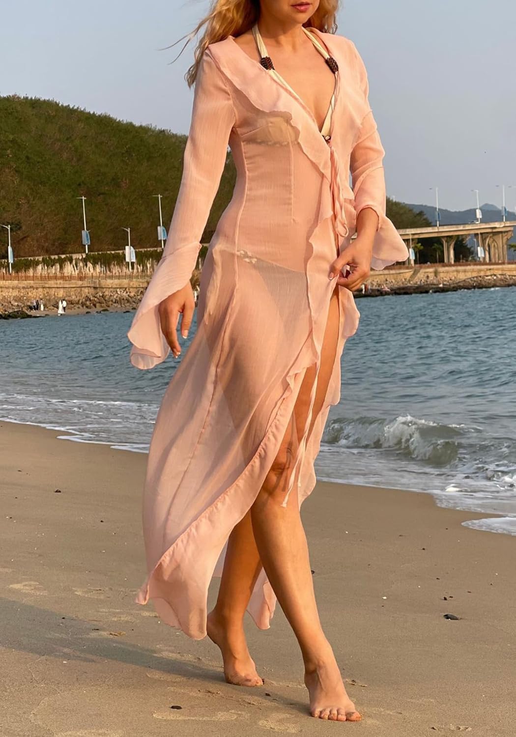 LETSVDO Women Sheer Long Kimono Cardigan Bell Sleeve Mesh Chiffon Ruffle Flowy Duster Robe Beach Swimsuit Cover Up Dress - Image 5