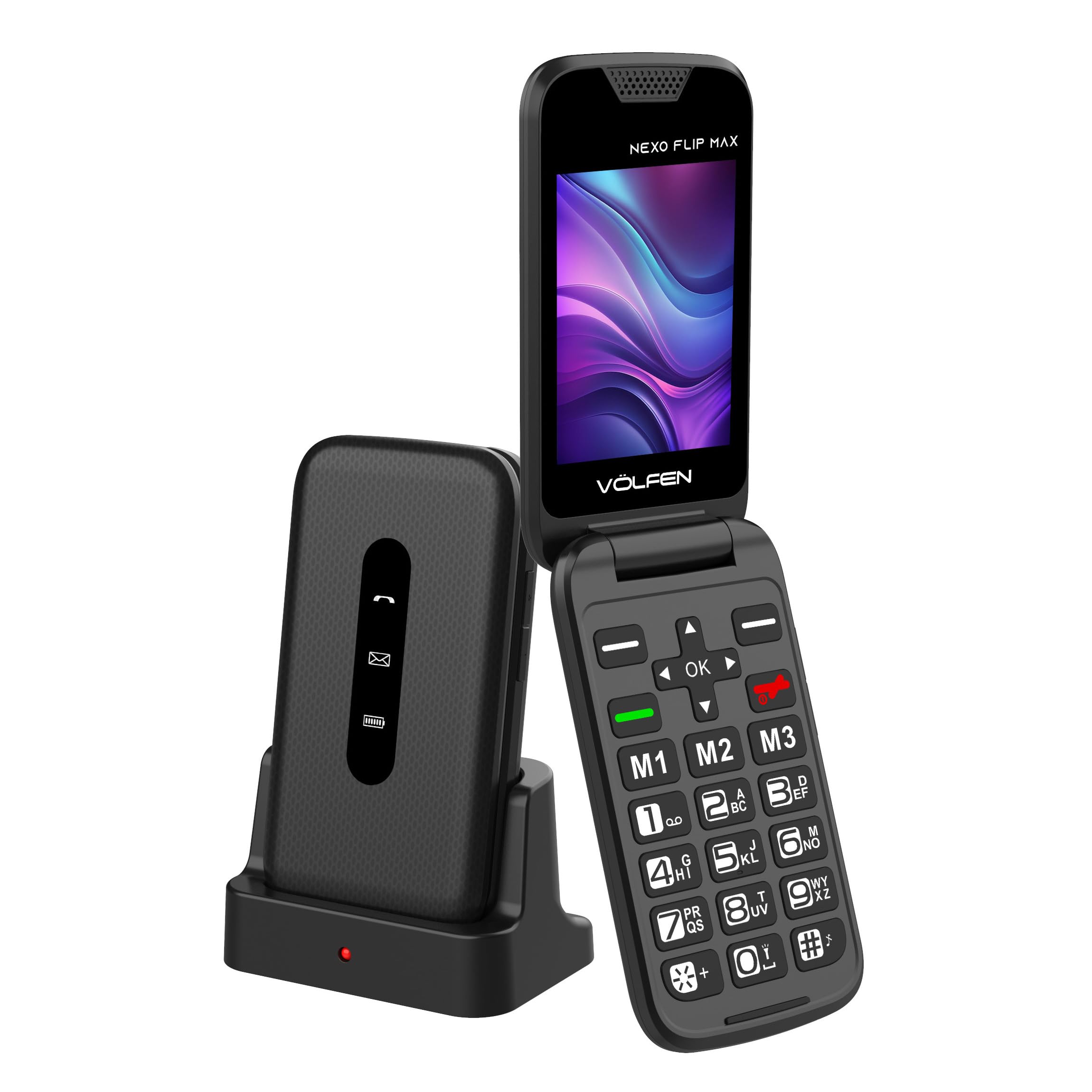 Nexo Flip MAX - Teléfono móvil de Tapa para Personas Mayores, Botones y Teclas Grandes, fácil de Usar, USB-C, 3 memorias directas, Base de Carga, Color Negro (Negro)