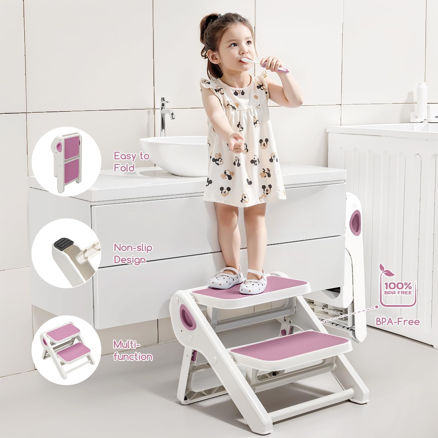 MoreFeel Foldable Toddler Step Stool for Bathroom Sink - 2-Step Kids Stool for Potty Training, Kitchen Counter & Bedroom, Sturdy Non-Slip Child Safety Stool Helper
