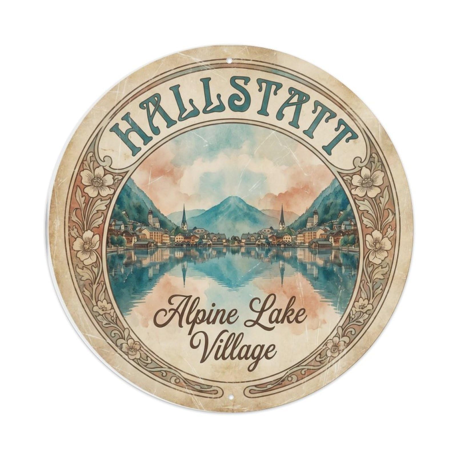 Vintage Travel Hallstatt Austria Metal Tin Sign Plaque Wall Decor for Cafe, Club Bar, Office, Home Garden Round Metal Poster 8x8Inch