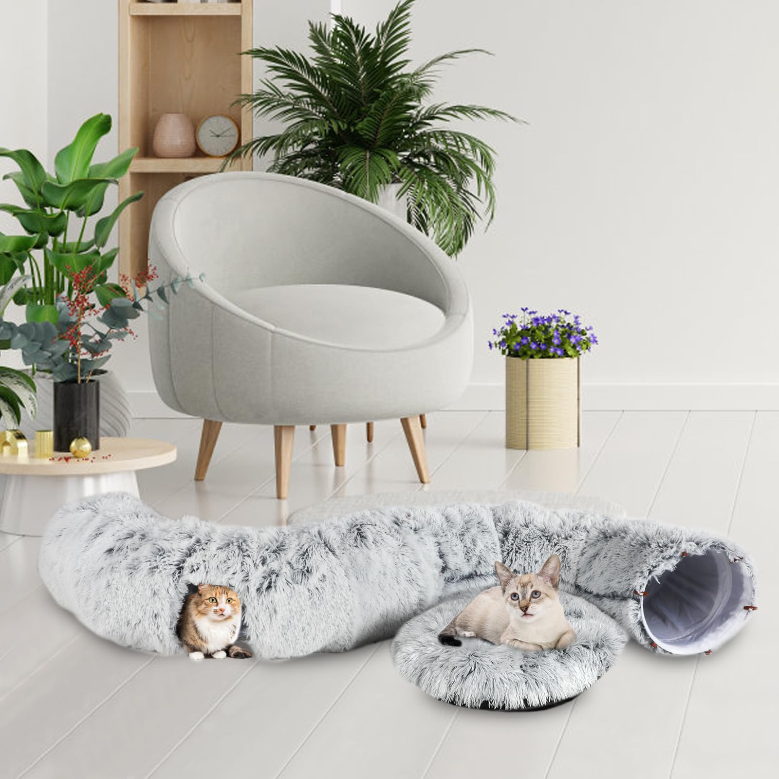 Túnel de felpa para gatos de interior, túnel plegable de dona para gatos con tapete central, tubo de cueva esponjoso para gatos con bola colgante para gato, gatito, conejo, cachorro, hurón