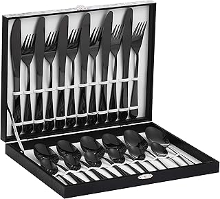 Velaze 24-Piece Cutlery Set, Black, Made of 18/10 Stainless Steel, for 6 People, with Tablespoons, Dining Forks, Dinner Knives and Teaspoons, Polished Cutlery with Gift Box, Dishwasher Safe