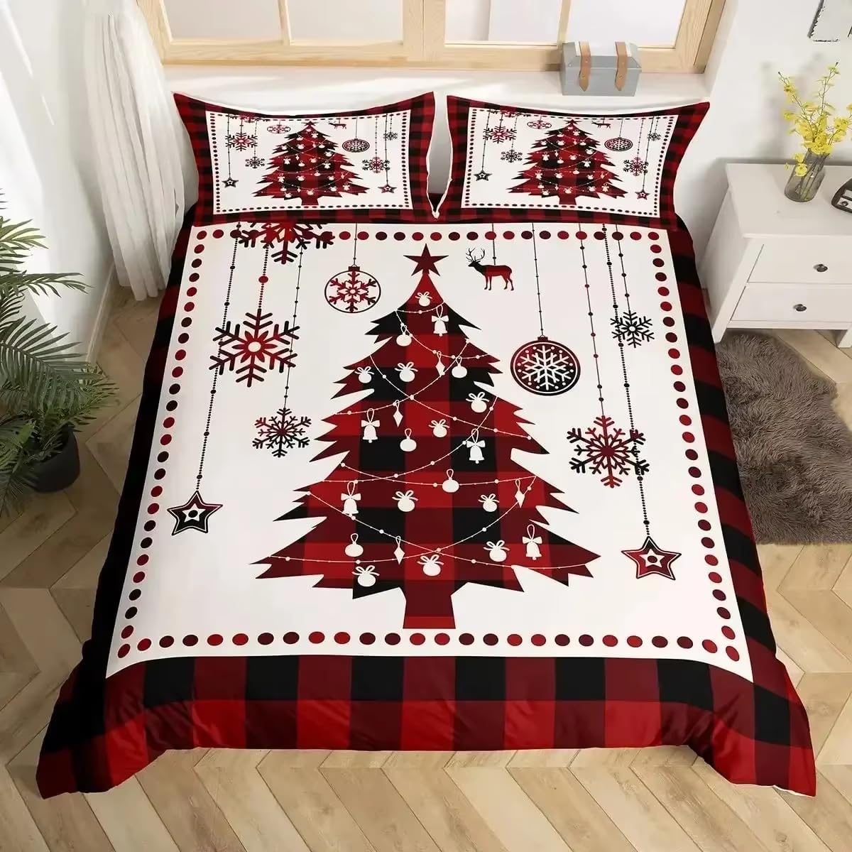 Parure de lit 200x200 Noël lit deux places motif carreaux rouges et noirs