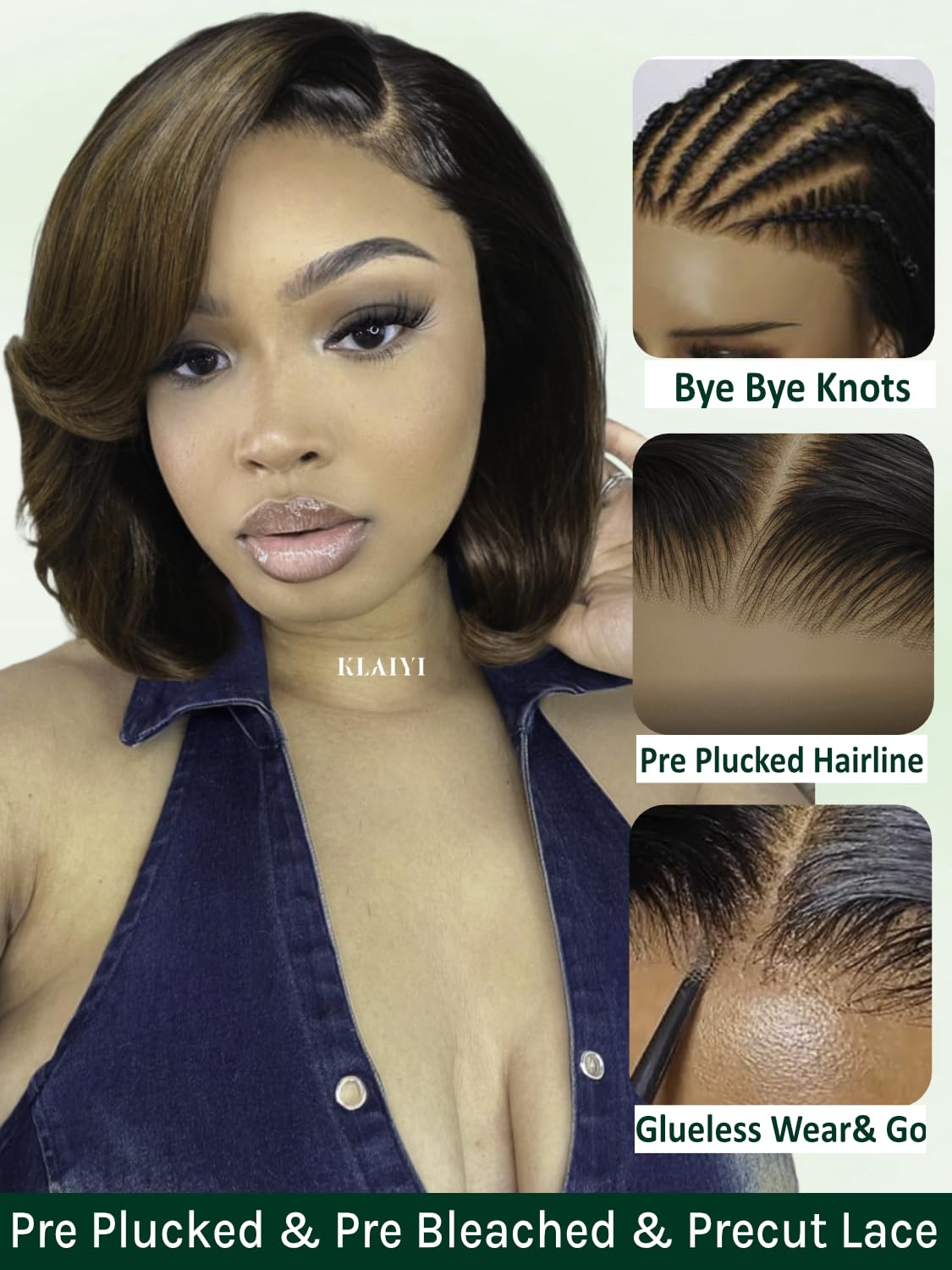 KLAIYI Ombre Brown Layered Bob Wig Human Hair Bye Bye Knots Glueless Wigs Pre Cut 7x5 Lace Front Pre Plucked Bleached Drawstring Ready to Wear and Go Wig with Dark Roots Chestnut Brown Straight 10Inch