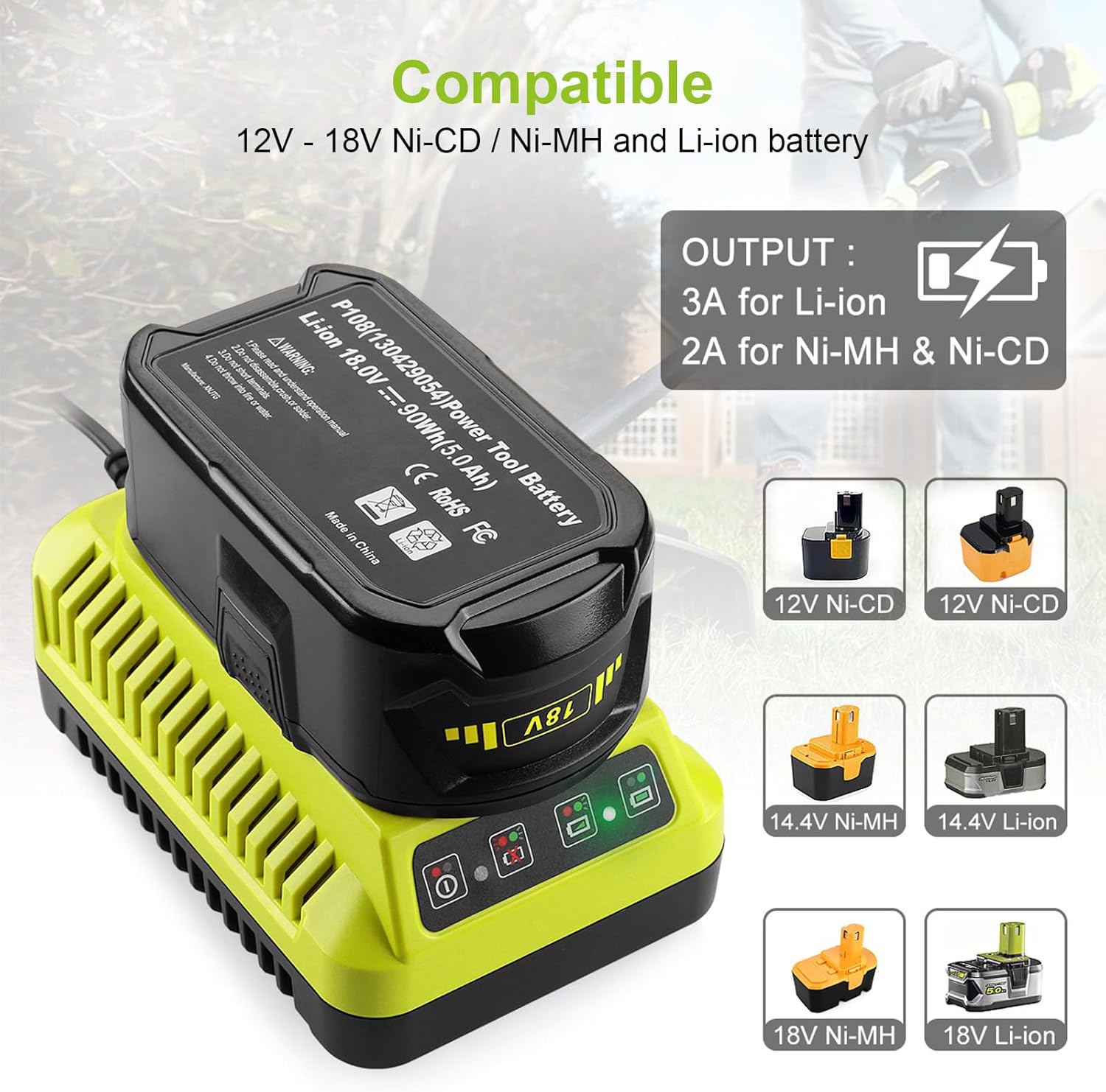P117 18V Rapid Charger Replacement for Ryobi 18v Battery Charger Compatible with Ryobi 12V-18V Battery One Plus Lithium-Ion/NiCad/NiMh Battery P100 P102 P103 P105 P107 P108 P190 P191 PBP002 PBP005