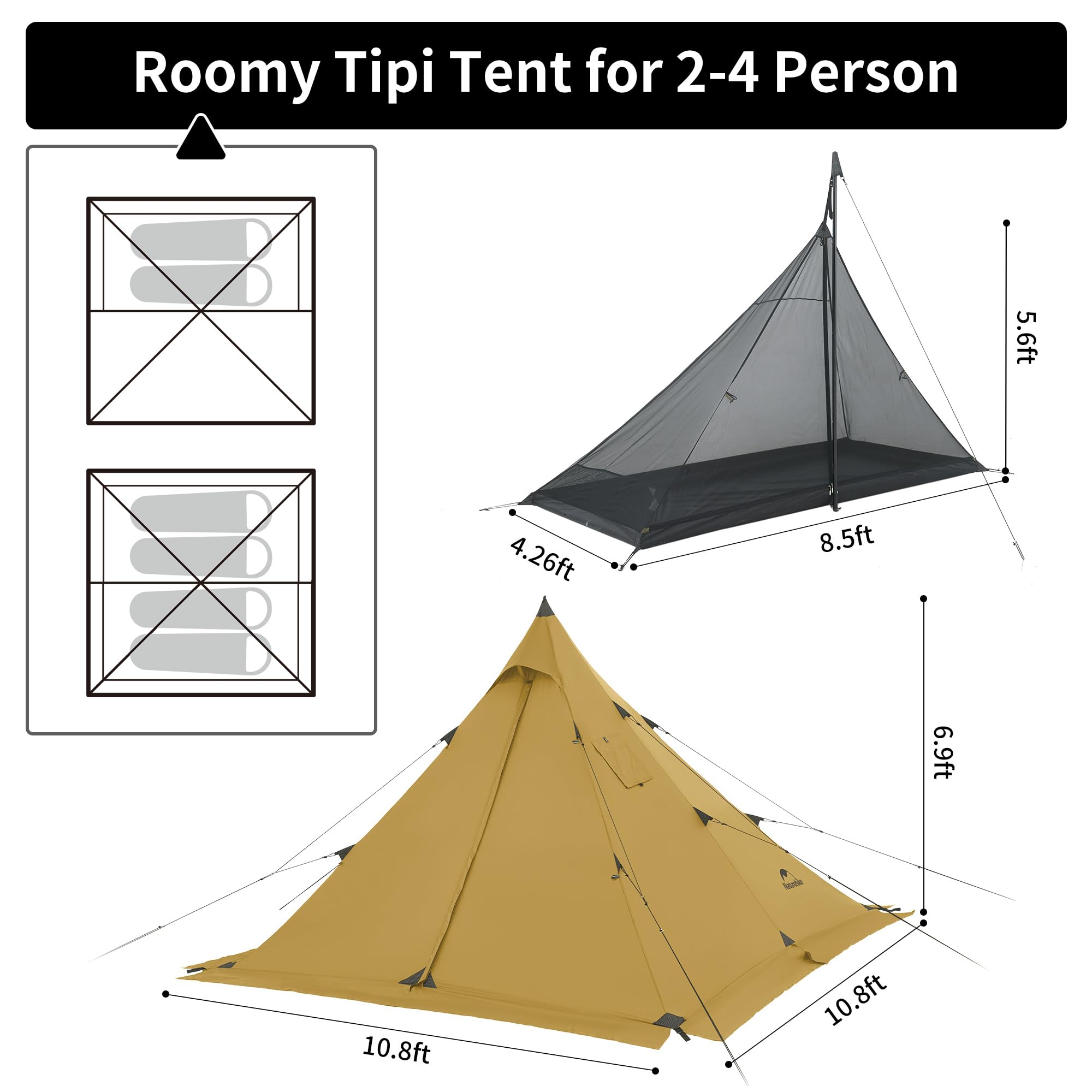 Naturehike Tipi Zelt Firstzelte 3-4 Personen Indianerzelt Wasserdicht Winddicht Einfacher Aufbau Pyramidenzelt für Outdoor Camping Familien