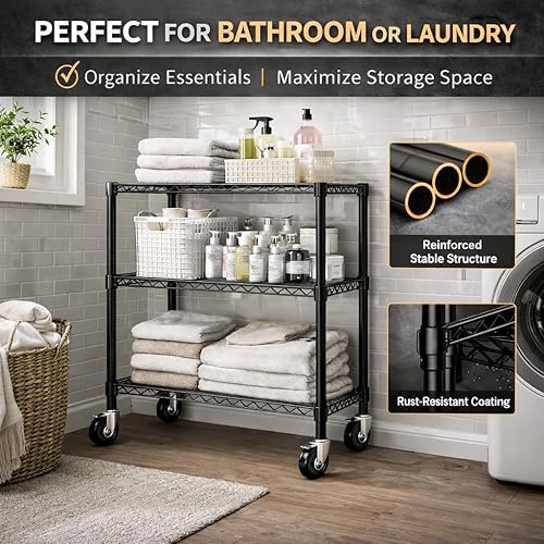 Miniatura 7 de Estantería de alambre rodante de 3 niveles con ruedas, estante de almacenamiento de metal resistente de 36.9 x 18.6 pulgadas, estantes ajustables,