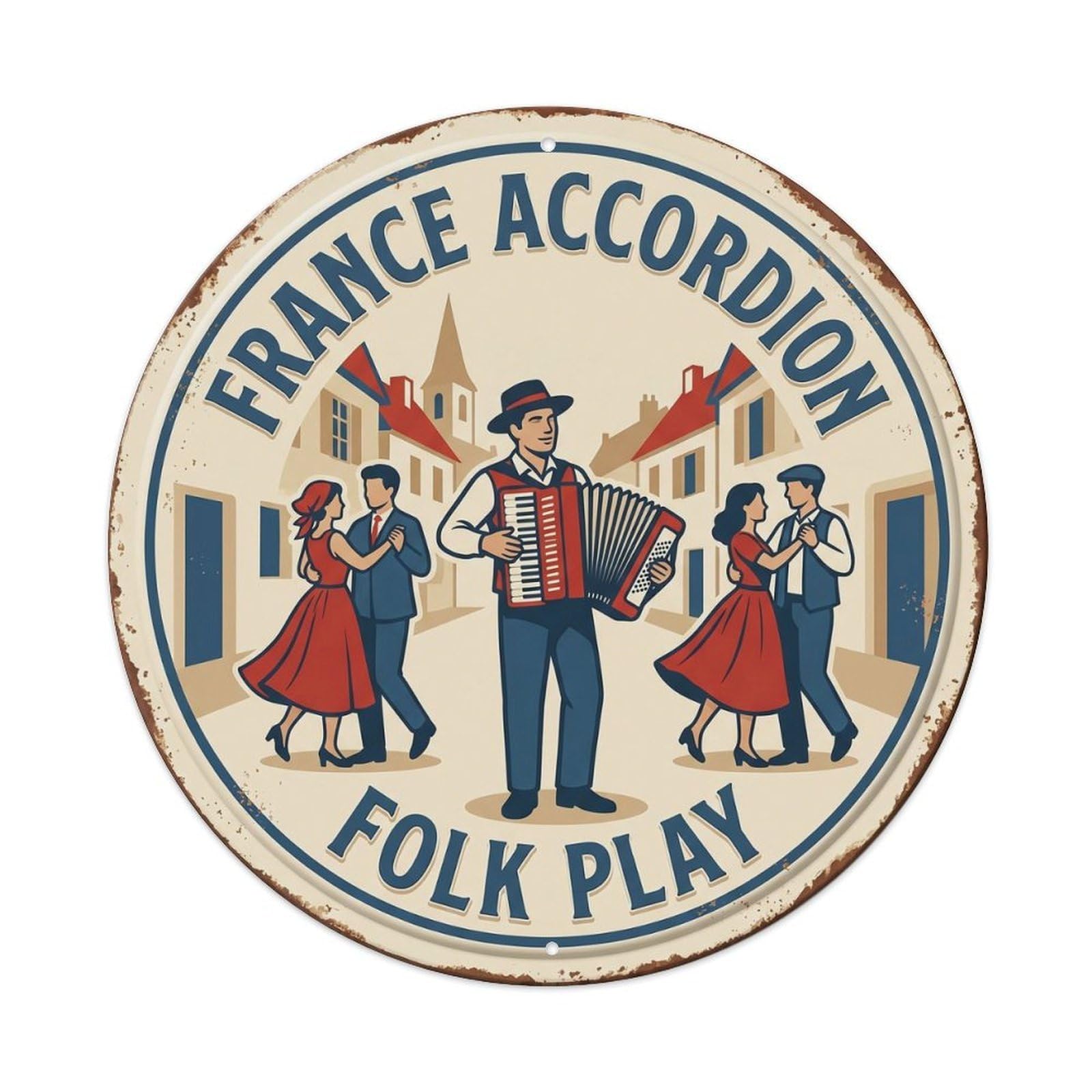 Accordion Folk Play France Music Metal Tin Sign Plaque Wall Decor for Cafe, Club, Garden Round Metal Poster 8x8Inch