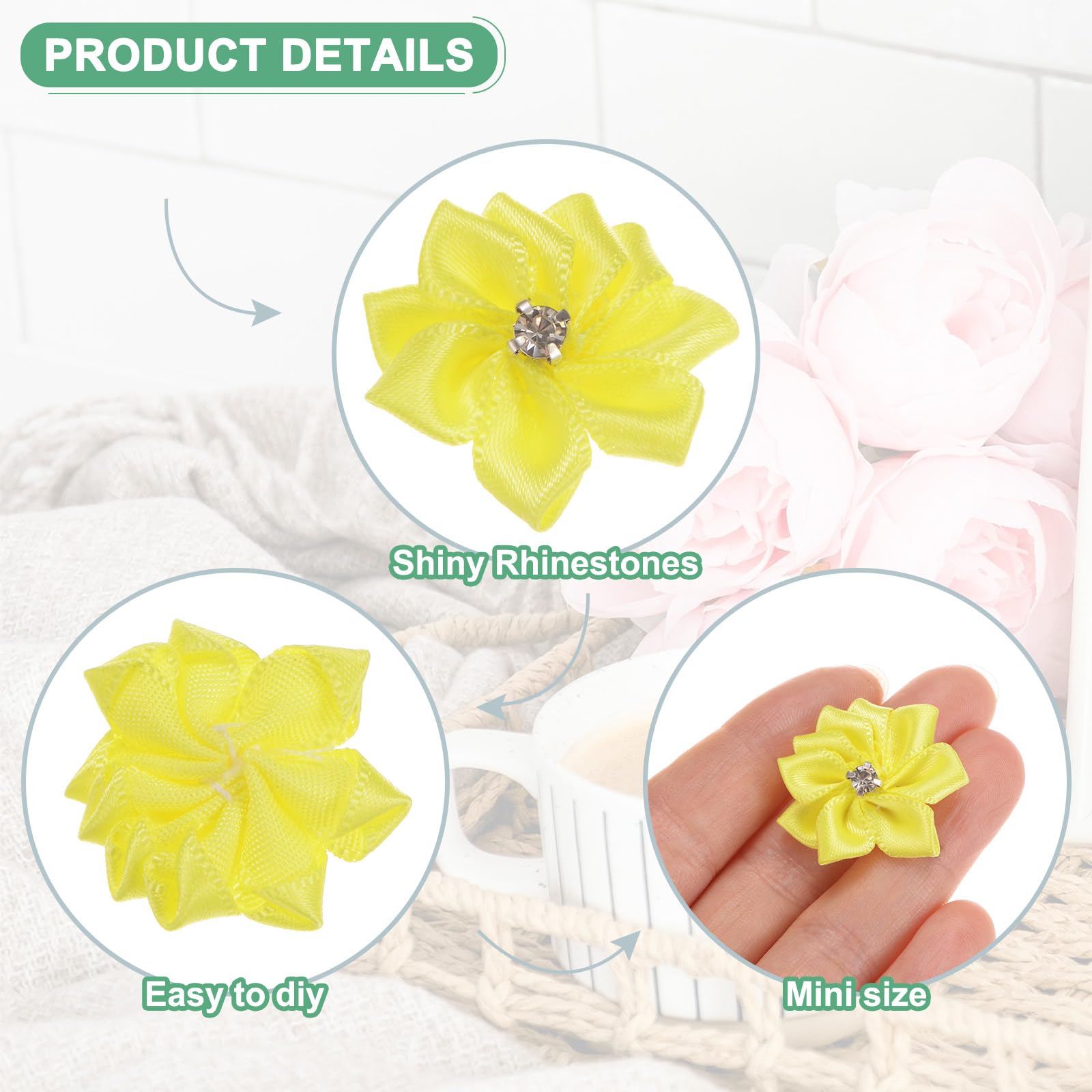 M METERXITY 150-pack Satin Ribbon Flowers, 1.2 Inch Mini Fabric Flowers with Rhinestones, Multi-purpose Occasion, Yellow - Image 2