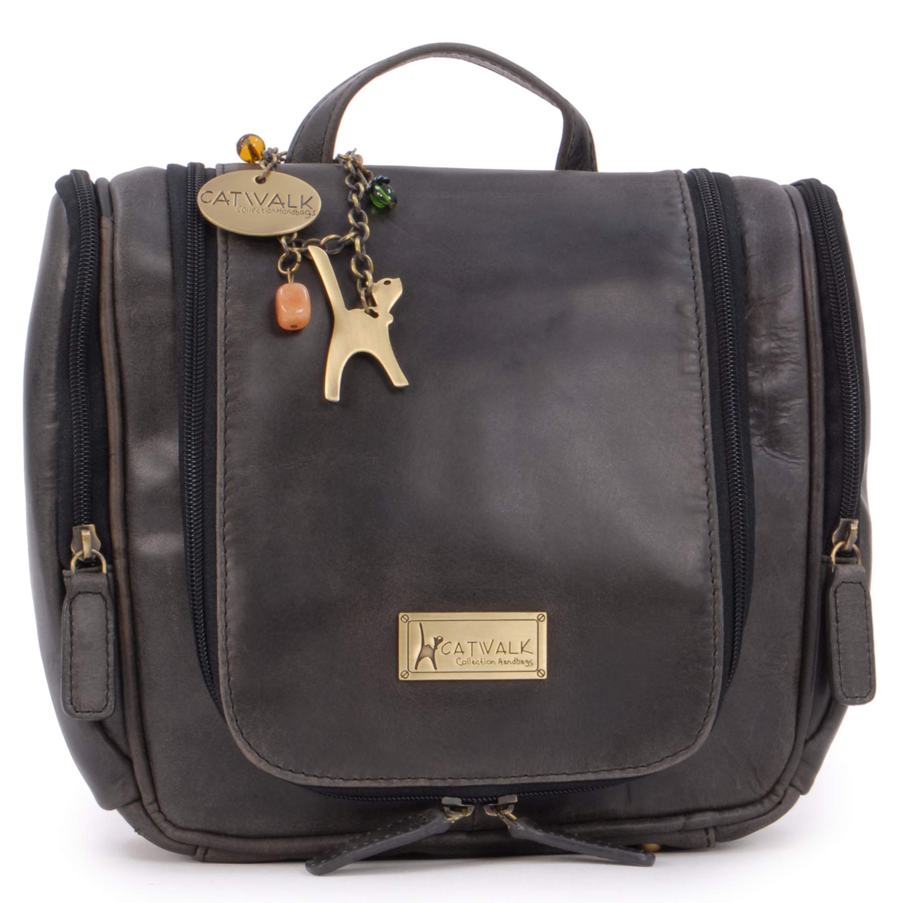 Catwalk Collection Handbags - Grande Neceser de Viaje de Piel - Bolso de Aseo Colgante - Bolso de Baño para Mujer - con Gancho - Maisie - Negro