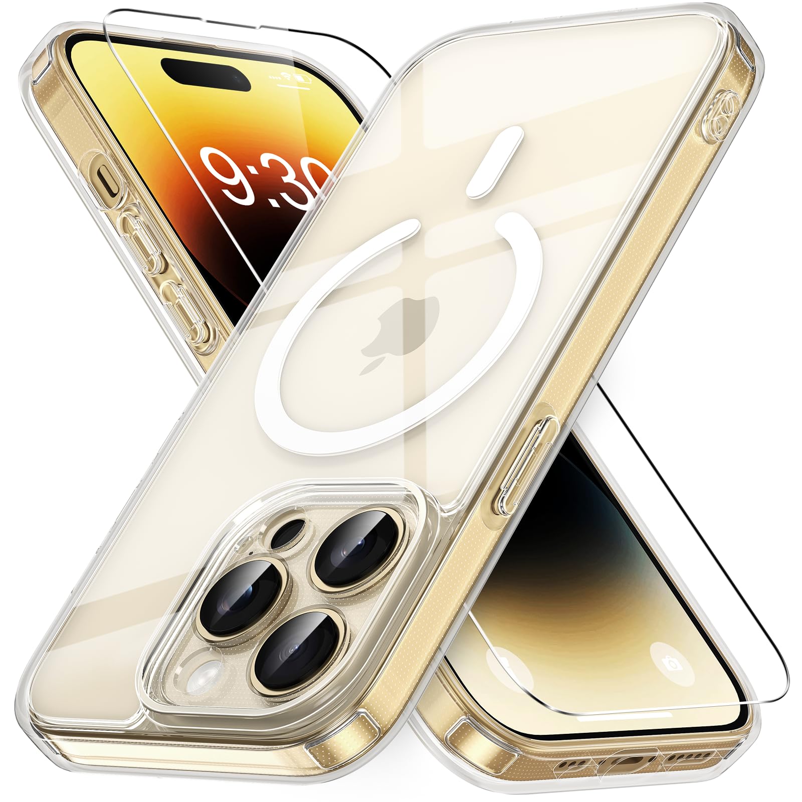 Vansdon Cover Magnetica per iPhone 14 Pro con 1 Pezzi Vetro Temperato, Compatibile con Magsafe, Protezione anticaduta di livello militare, Custodia Traslucida Opaca Sottile Antiurto-Transparent