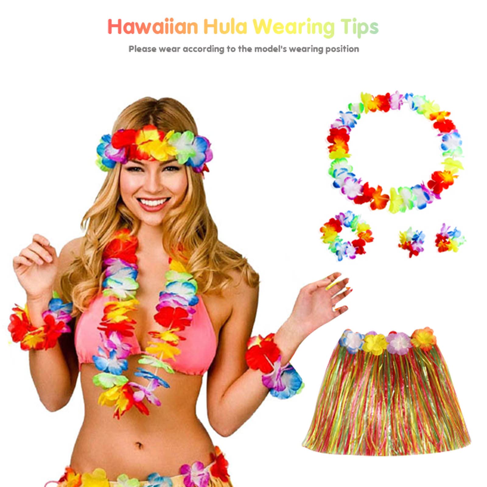 40STK Hawaii Rock Hula Party Bastrock Set mit 8 Elastisches Blumen Rock Hawaii Kostüm,8 Blumenkette,8 Stirnbändern und 16 Armbändern,Hawaii Party Kostüm Set für Sommer-Strandparty-Dekorationen
