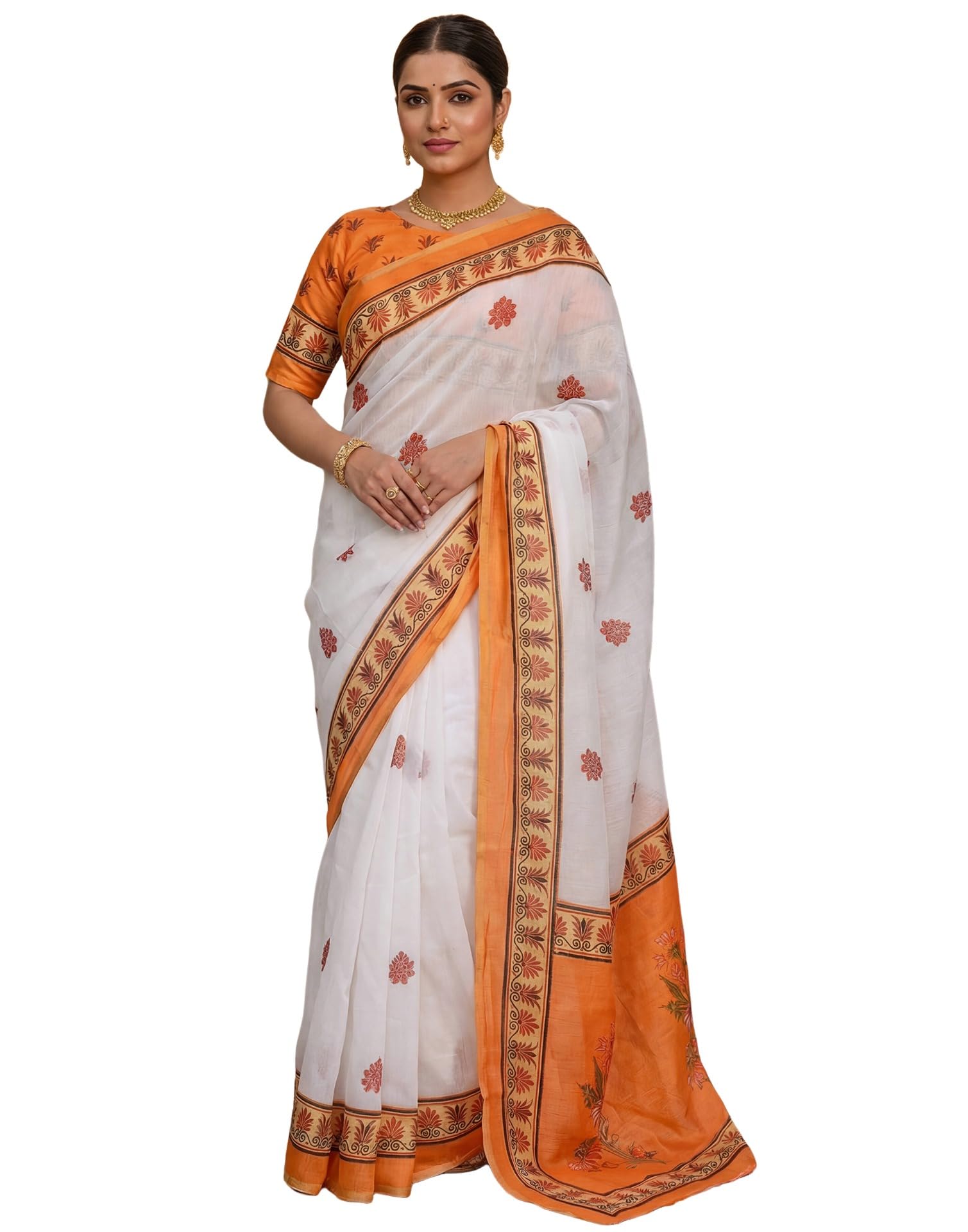 siril Women's Cotton Linen Printed, Zari Border One Minute Ready To Wear Saree With Unstitched Blouse Piece-picture-20