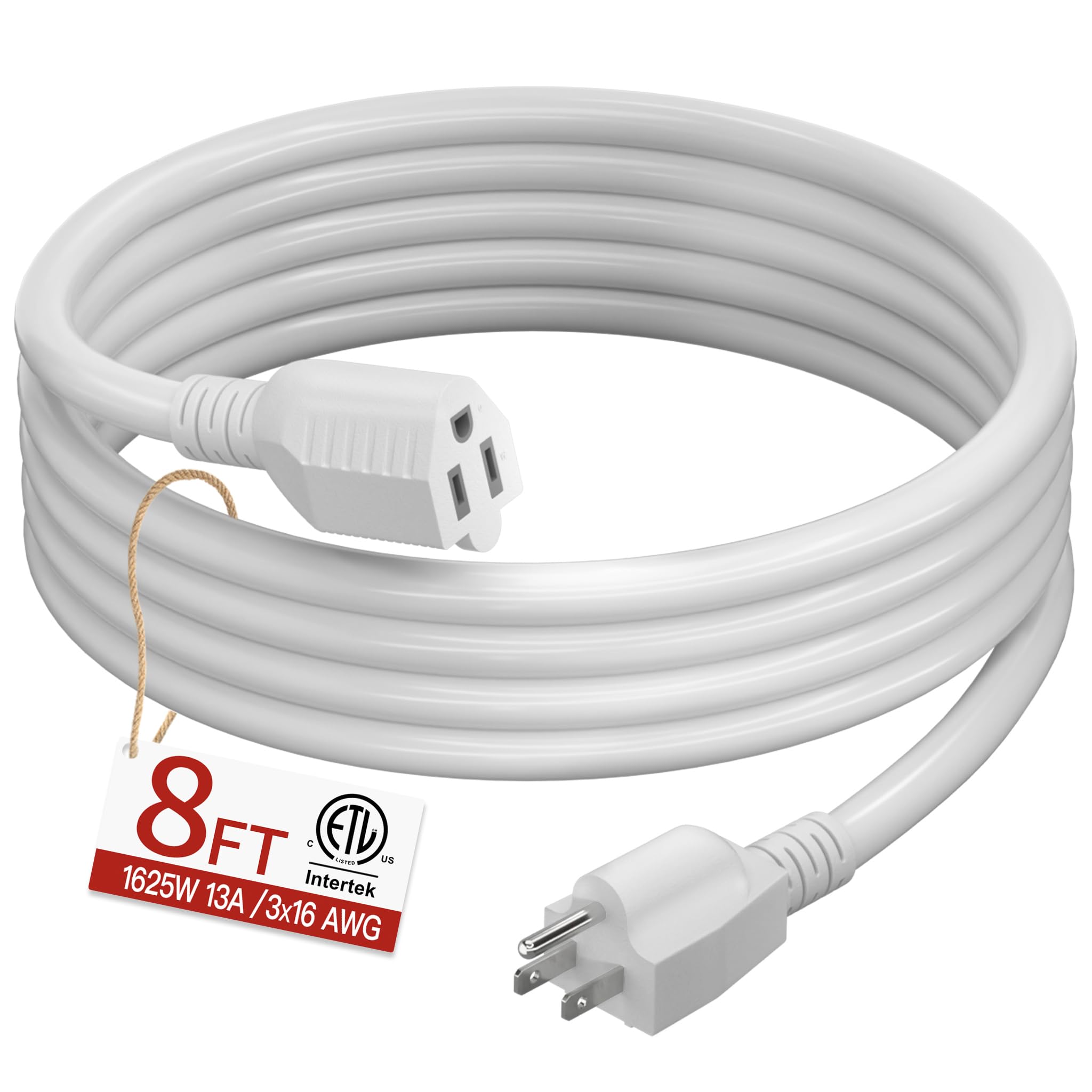Photo 1 of 16/3 Short Extension Cord 8 FT, White Extension Cord Flexible & Durable, Indoor 3 Prong Power Cable, Suitable for Home and Office, 13 Amp 1625 Watt 125VAC 16AWG, ETL Listed