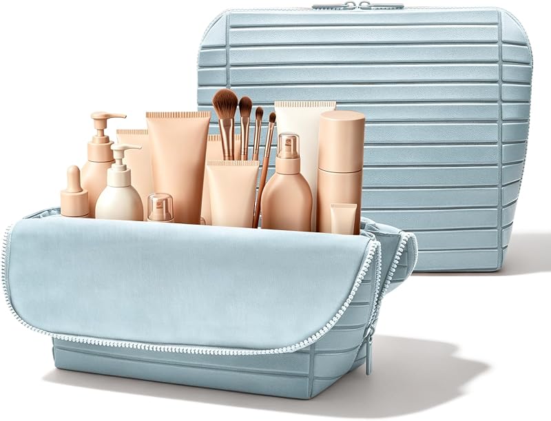 Necessaire organizadora de maquiagem Generic dobrável com divisórias ajustáveis, 27 bolsos e 3 suportes para pincéis, azul-claro, grande