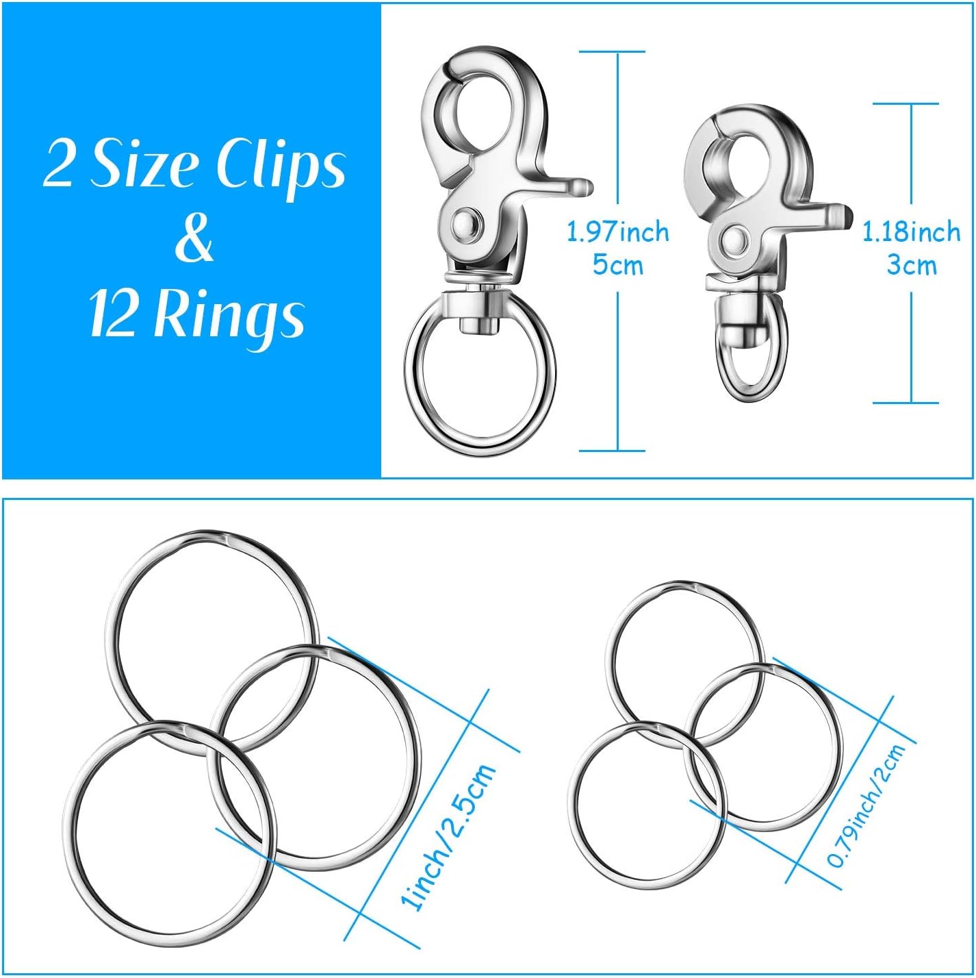 Hotop 4 Pieces Dog Tag Clips Pet ID Tag Clips with 12 Pieces Replaceable 304 Stainless Rings for Pets Collars and Harnesses in 2 Sizes : Pet Supplies