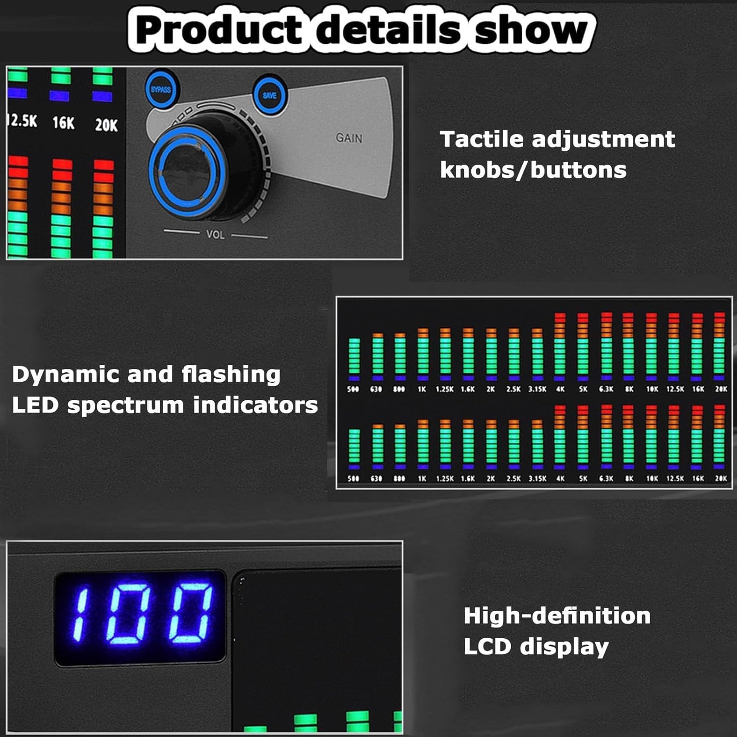Ecualizador estéreo Procesador de Audio con Ecualizador gráfico Dual, Ecualizador gráfico estéreo Digital de 31 Bandas con Pantalla de Espectro LED