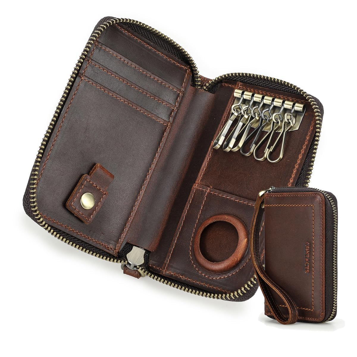 Grnuine Leather Key Case,Mens Leather Cowhide Key Chain Bag,Keyring Card ID Holder Wallet Purse Brown