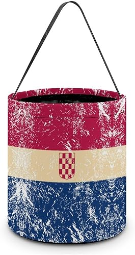 Banderín retro de Croacia con diseño de bandera de Halloween, dulce o truco, cubo reutilizable con asa para fiesta