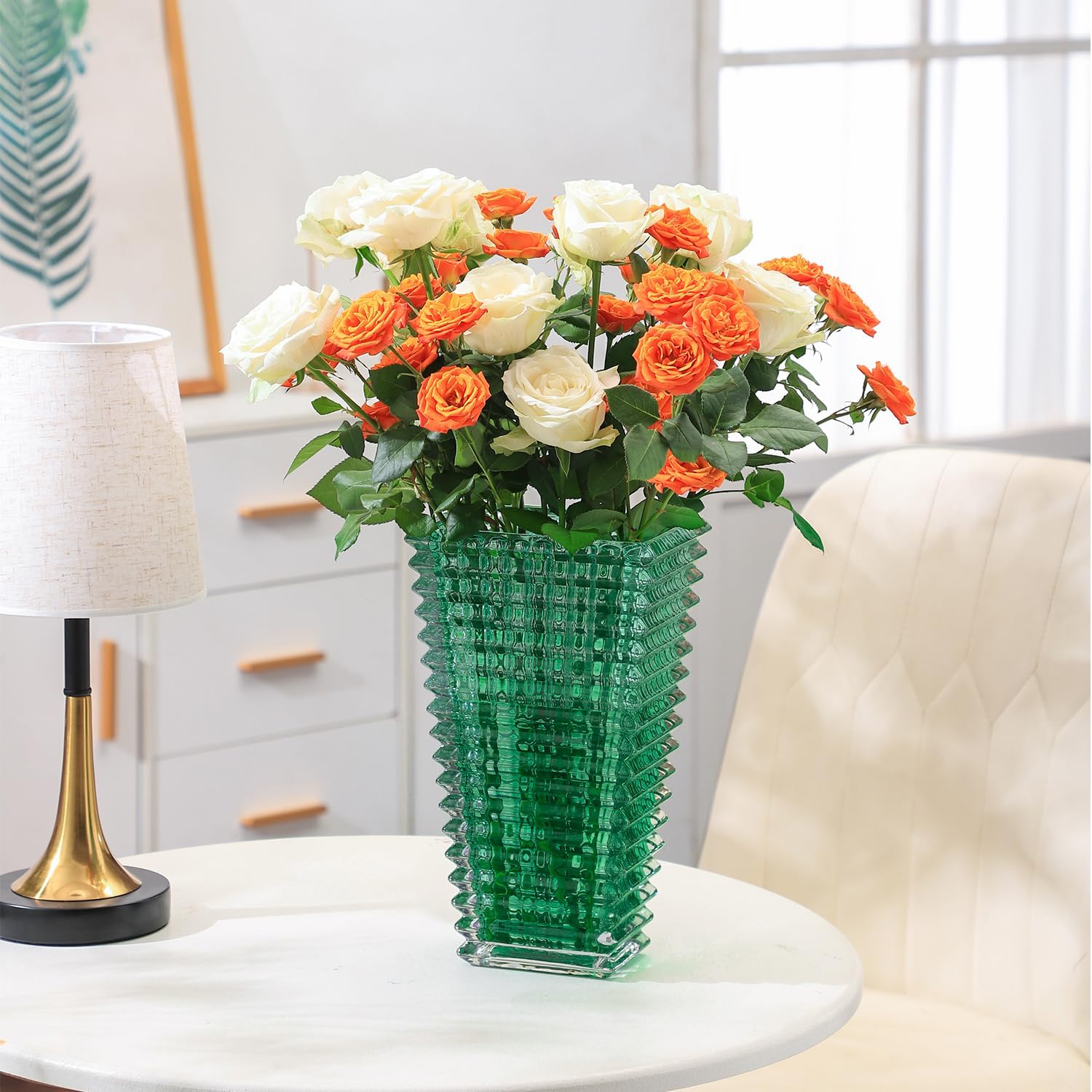 MCMCNCUIU Crystal Glass Vase, Large Crystal Vases for Flowers, Large Flower Vase, Green Modern Vases for Living Room, Bedroom, Kitchen, Dining Table, Mantle, Wedding, 11 Inches image 4