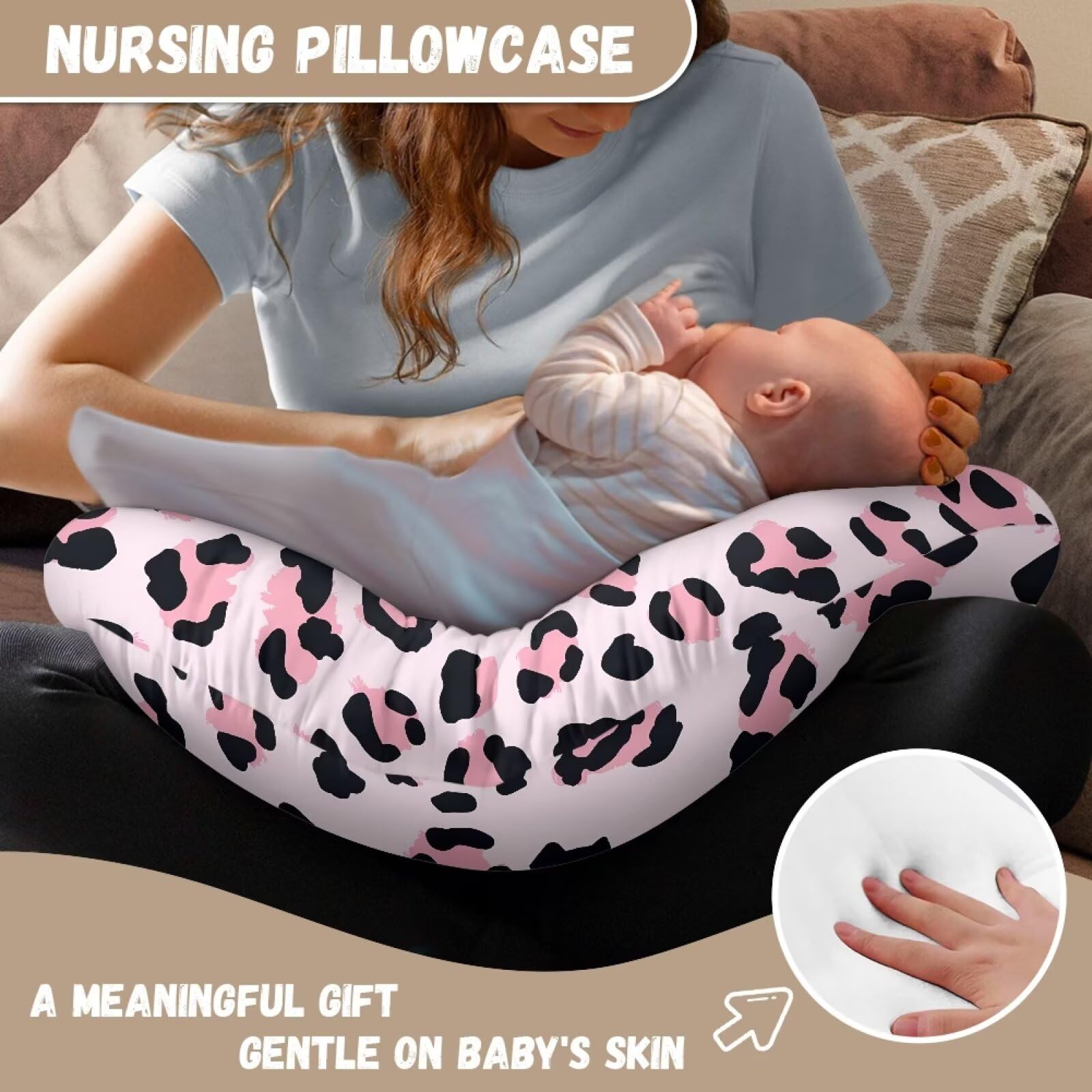 Urndoeng Nursing Pillow Cover For Baby Girl,Breastfeeding Supplies,Soft Nursing Pillow Case For Newborn Baby With Hidden Zipper(Cover Only) Pink Leopard Print - Image 3