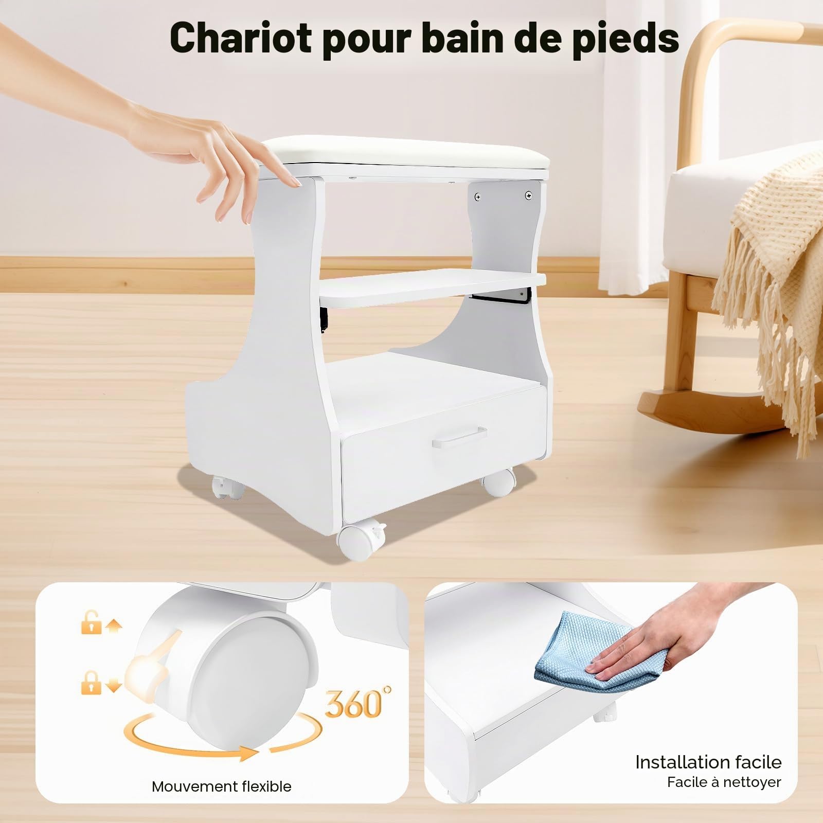 Chaise de Pédicure Mobile Avec Tiroirs, Chariot de Bain de Pieds Avec Roulettes pour Manucure et Massage (Blanc)