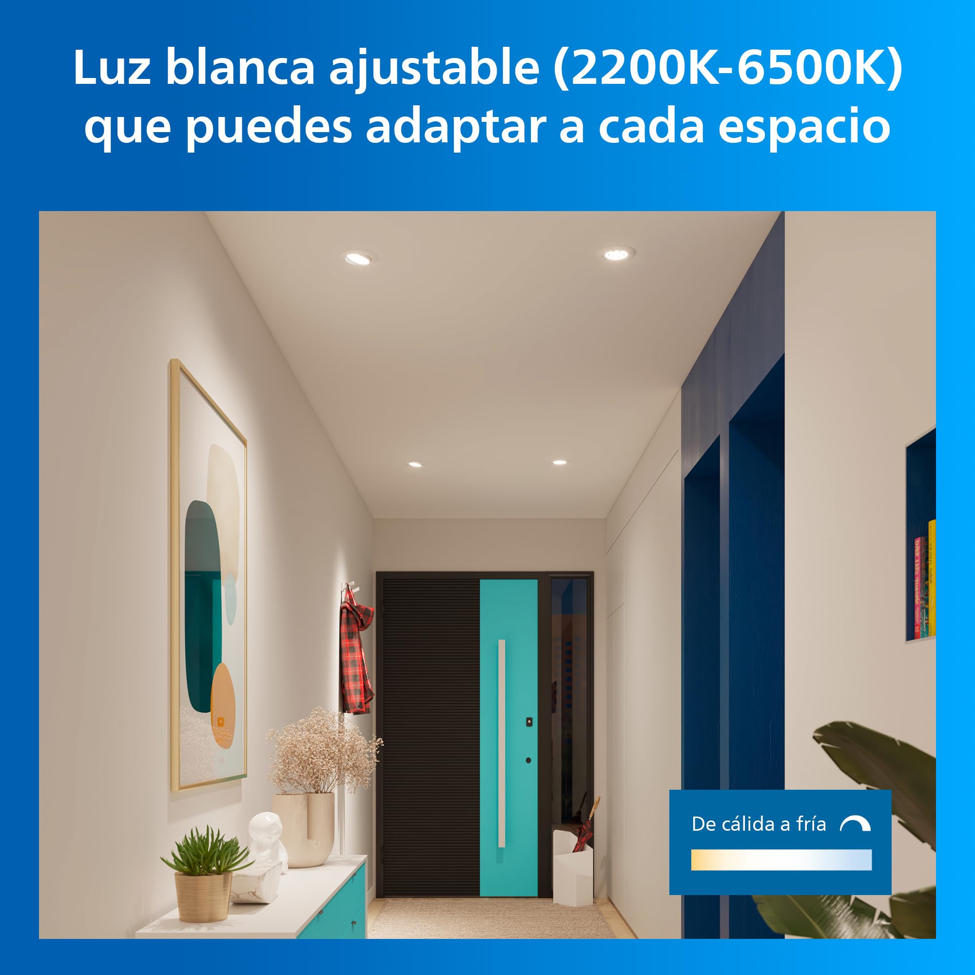 Philips Smart Lighting Kit Bombillas GU10, Pack de 4, Luz Blanca Ajustable y de Color, Solución Total, Cabezal Inclinable, Regulable, Control por App y Voz, Blanco