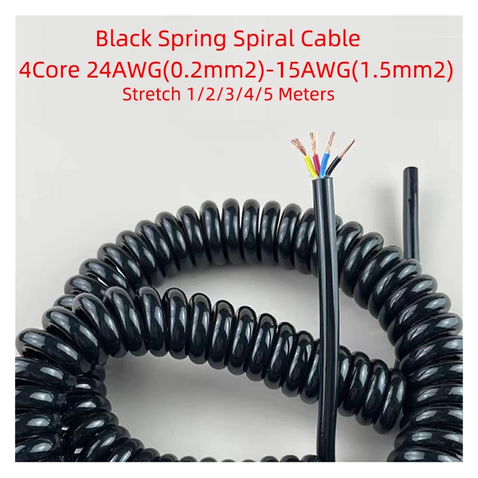 Câble spiralé à ressort noir à 4 conducteurs, câble télescopique 22/20/18/17/15/13 AWG, fil de 0,3 mm² à 2,5 mm², extensible de 1 à 5 mètres, câble rétractable extensible(Stretch 5Meters,4C 20AWG 0.5m