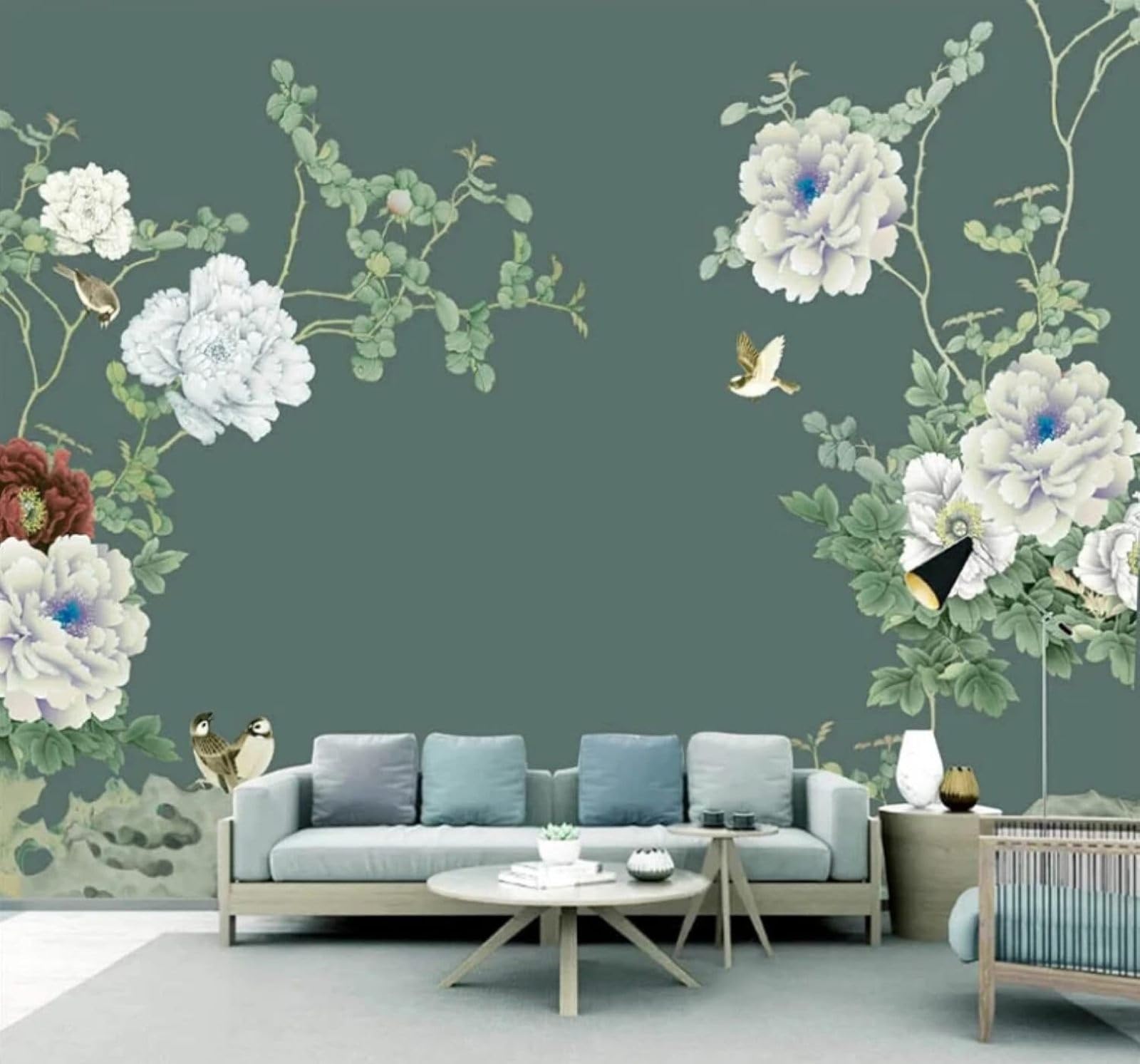 XLMING Fresh Green Beautiful Peony Birds 3D Wallpaper Luxury Home Dining Decor Paste Sofa Living Room The Wall for Bedroom Mural-250cm×170cm