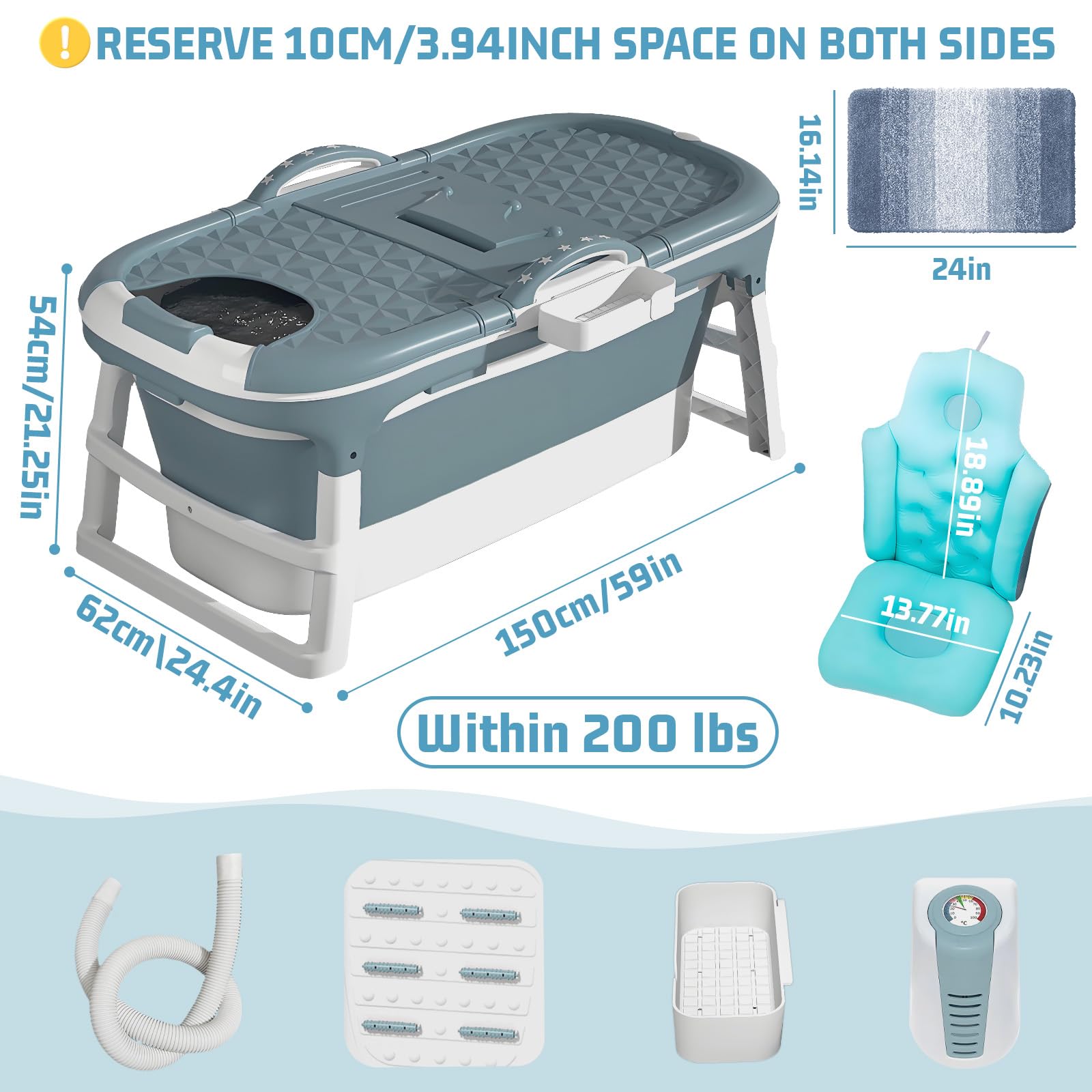 Portable Bathtub with Thermometer,59 Inch Foldable Bathtub for Adults,Soaking Bath Tub with Removable Cushion,Non-Slip Carpet and Cover,Collapsible Tub for Hot Bath, Ice Bath (Blue, 59IN): Blue 59IN