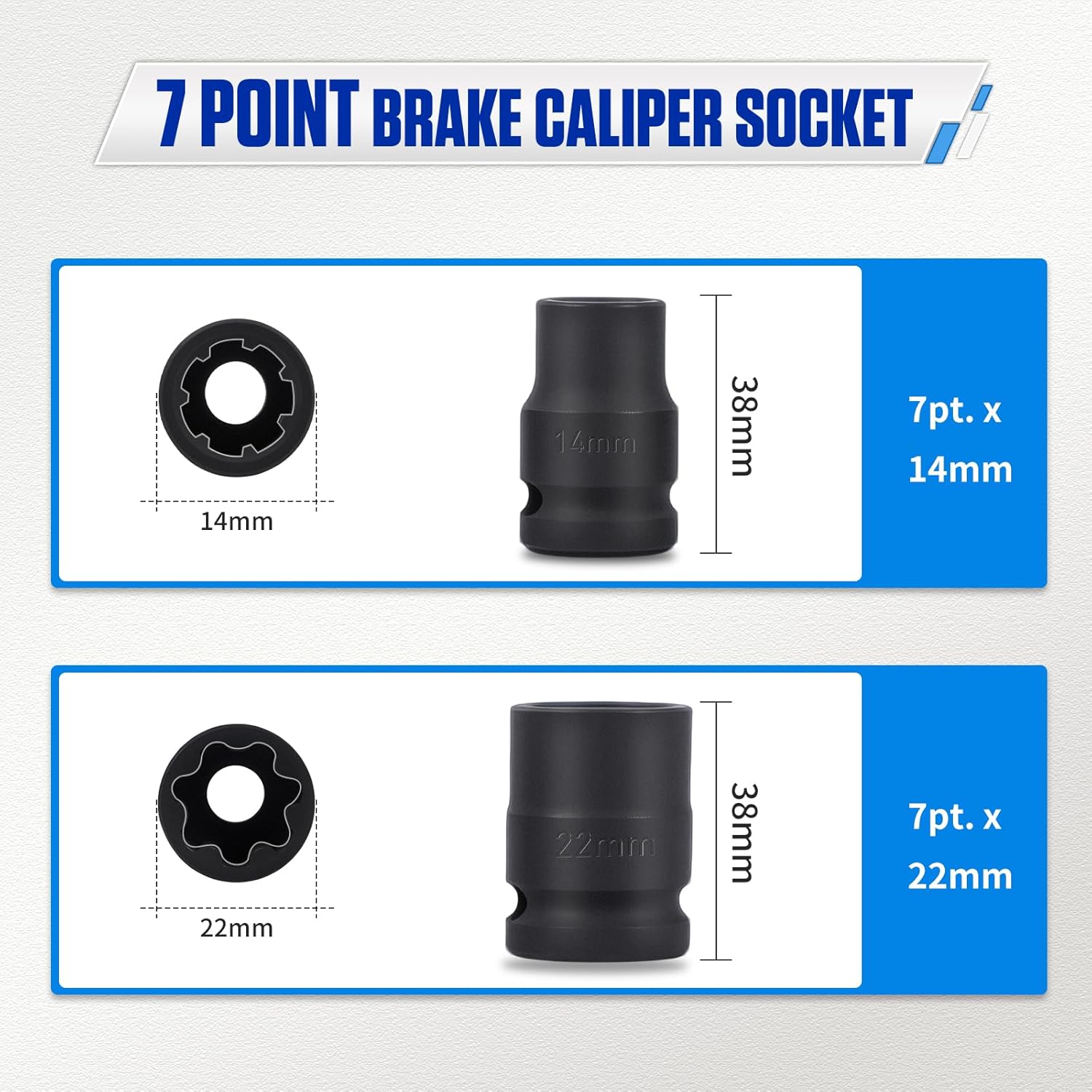 Brake Caliper Socket Set Compatible with VW VAG, 5PCS Caliper Tool 1/2" Square Drive 7pt. Small Large 10pt. x 11.5mm, 15mm, 20mm, 14mm, 22mm TYRAREX