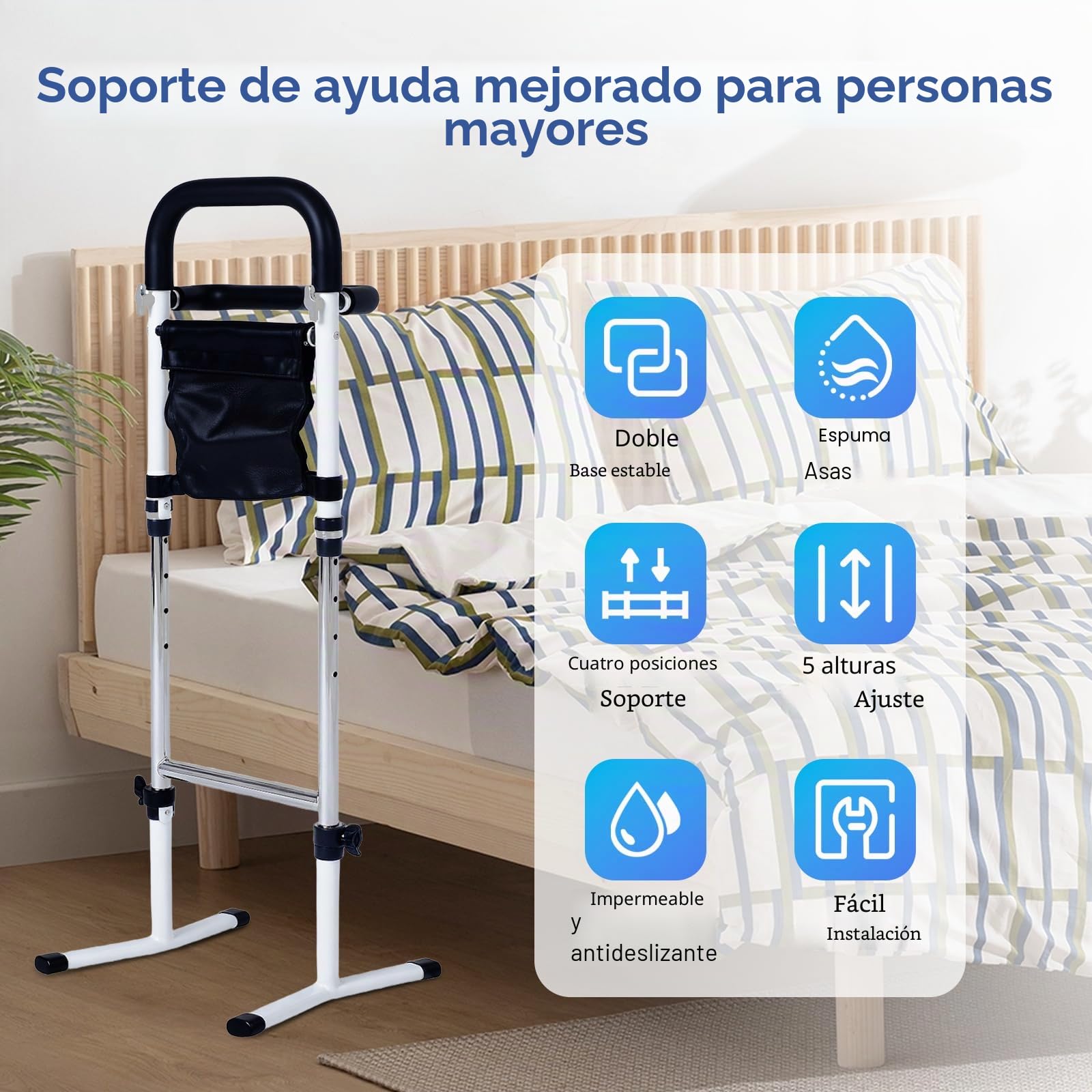 Ayuda para Levantarse para Personas Mayores, Ayuda para Levantarse de la Cama, Ayudante Móvil Ajustable para Levantarse, 5 Ajustes de Altura, Ayuda de Pie para Cama, WC, Sofá, Capacidad de Carga 150KG