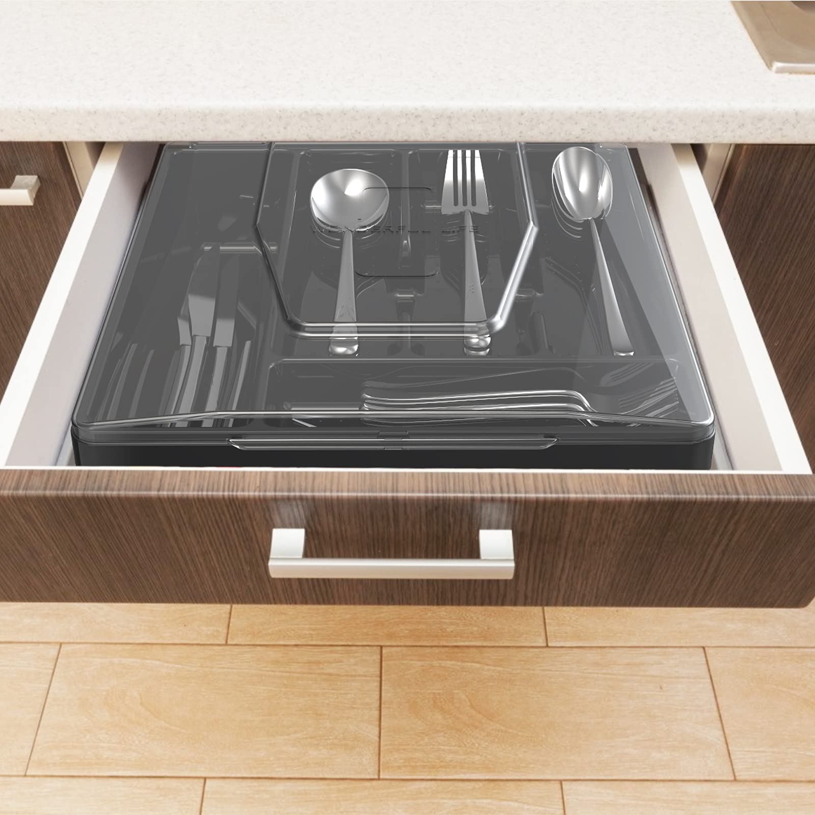 Bandeja de cubiertos de doble capa con tapa, soporte para utensilios para encimera, organizador de cubiertos para cajones de cocina con bandeja de cubiertos de 2 niveles y 9 compartimentos