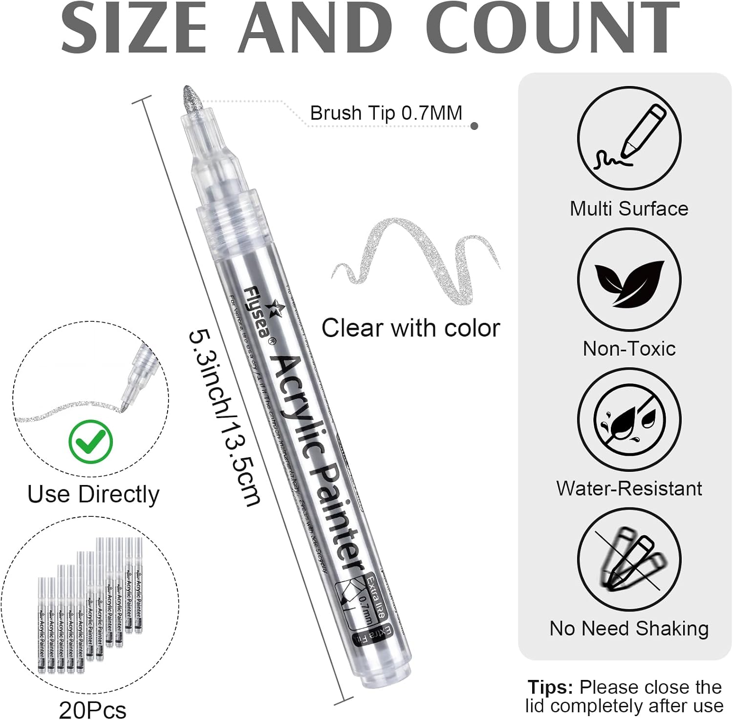 Jetec 20 Pack Silver Metallic Acrylic Paint Pens, 0.7mm Extra Fine Tip Paint Pens Silver Metallic Acrylic Markers for Crafts, Rock Painting, Greeting Cards, Wood, Plastic, Metal, DIY Art Decor