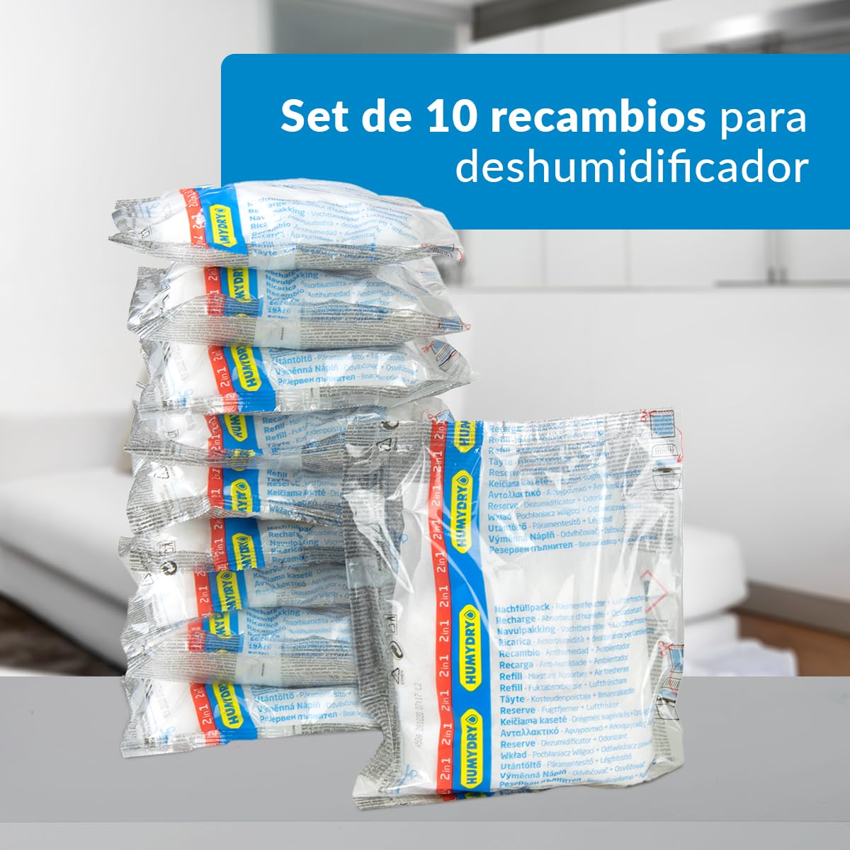 HUMYDRY -Pack 10 Recambios Antihumedad 450g – Absorbe la Humedad, Evita Olores y Manchas – Compatible con Deshumidificadores Humydry Premium 450, Smart y Premium Plus –Aroma Lavendel - Capacidad 15m2