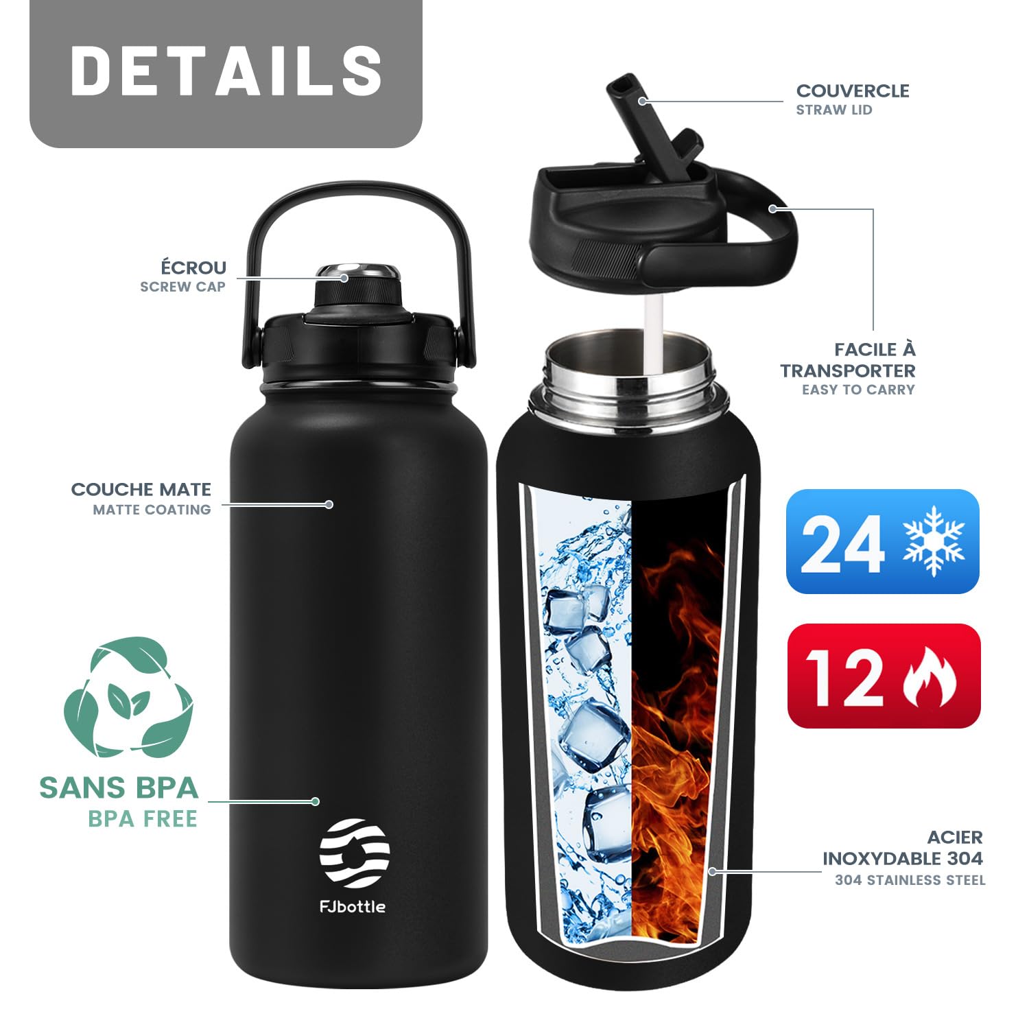 Fjbottle Borraccia Termica con cannuccia - 2xTappi - 950ML/1200ML Bottiglia Termica - Senza BPA/Senza Perdite Borracce acciaio inox per Scuola, Sport, Palestra, Ciclismo