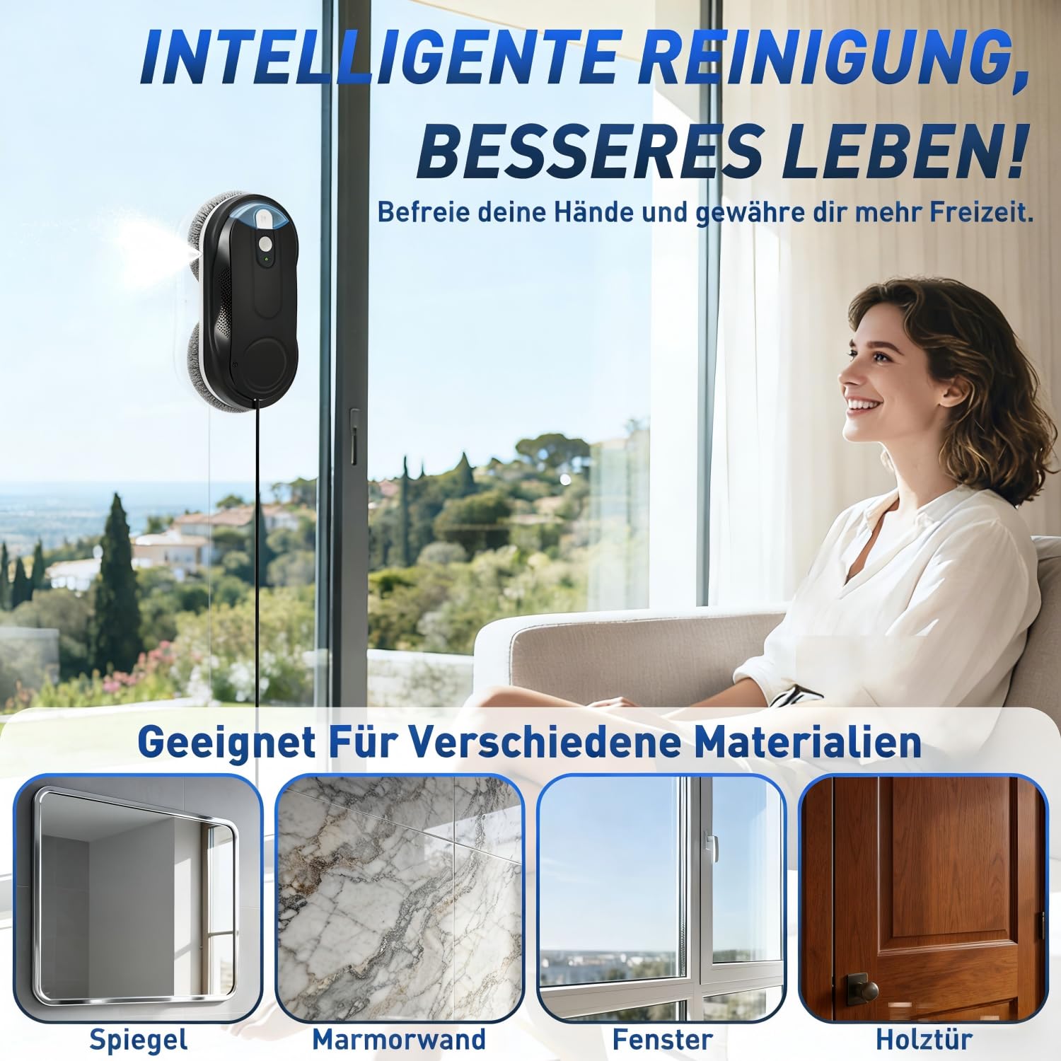 KKI Fensterputzroboter, Automatischer Fensterreiniger,Doppel-Spray,Max 3200Pa,KI-Pfadplanung & Randerkennung, Fernbedienung für Hochgeschoss Fenster, Glas, Tür,8xTücher