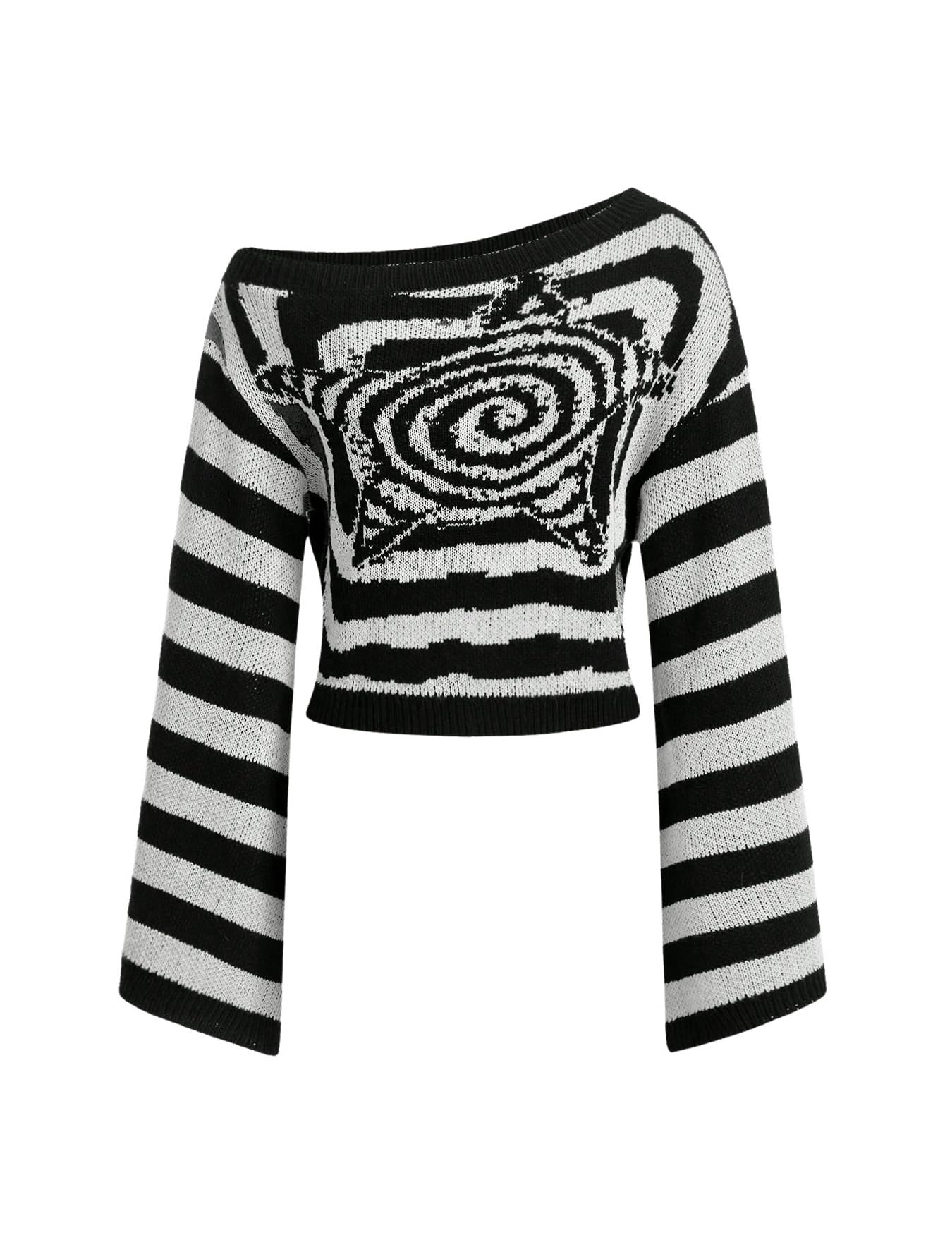 Floerns Womens Off The Shoulder Sweater Striped Bell Sleeve Pullovers Grunge Punk Outfits