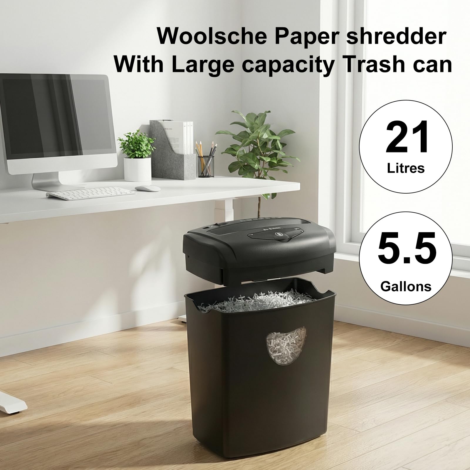 Woolsche Trituradora de papel de corte cruzado de 12 hojas con cesta grande de 5.55 galones, seguridad P-4, trituradora de 3 modos para tarjetas, CD, grapas, clips, sistema a prueba de atascos para