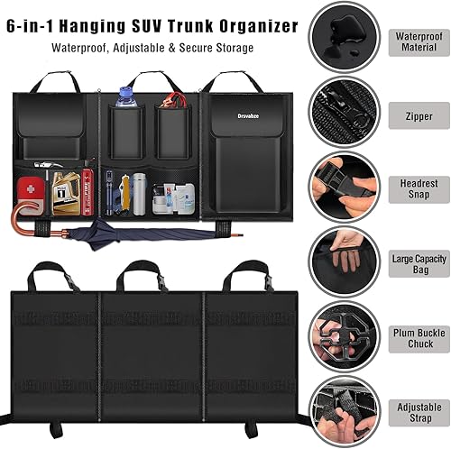 Miniatura 6 de Organizador colgante de maletero para SUV, diseño de respaldo de asiento desmontable con cremallera, 7 bolsillos de almacenamiento, cuero