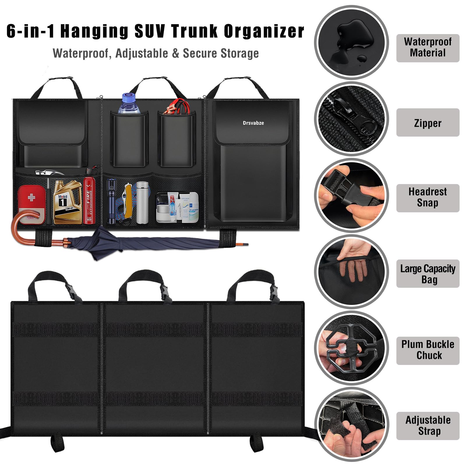 Organizer do bagażnika SUV – 3-częściowy design z zamkiem błyskawicznym, 7 kieszeni, ulepszona skóra TP i tkanina Oxford 600D, wodoodporny i odporny na zarysowania, idealny do SUV-a, pickupa