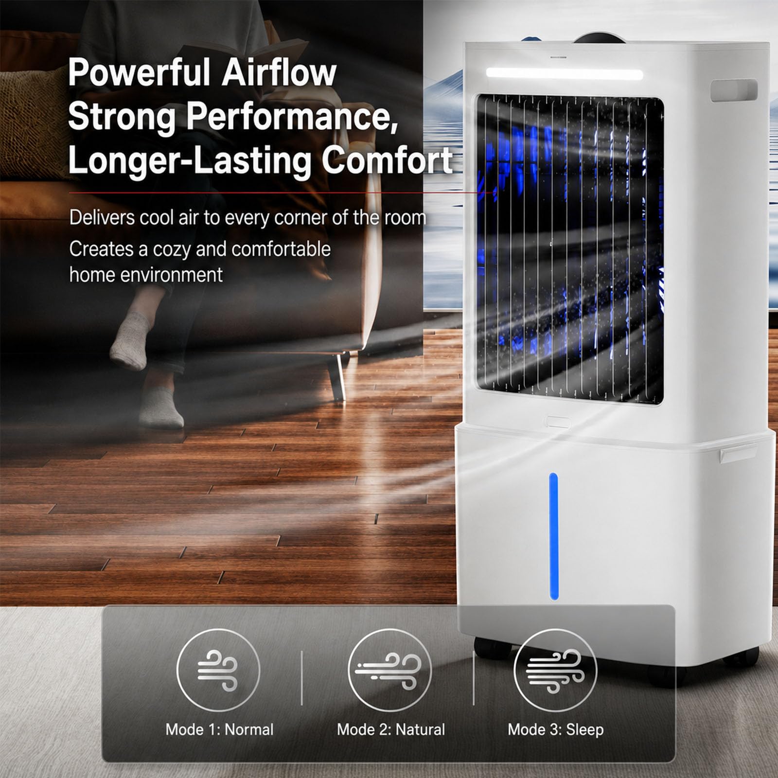 Climatizador Silencioso Portátil, Ventilador 12L con Agua 3 Niveles Velocidad, Timer 12H, 6 Cajas de Hielo, para Salón Dormitorio, Ruedas Giratorias (288x260x615mm)