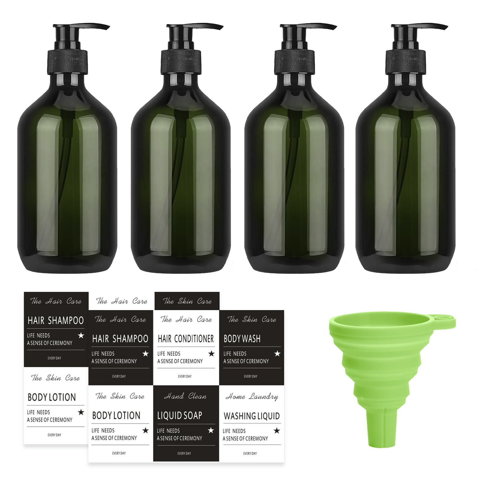 Xmshyodsm Green Soap Dispenser Set, 4 Pcs Shampoo And Conditioner Dispenser, 500 Ml Refillable Shampoo And Conditioner Bottles Shampoo Bottle Pump Dispenser With Funnel Label For Bathroom Or Hotel(Green)