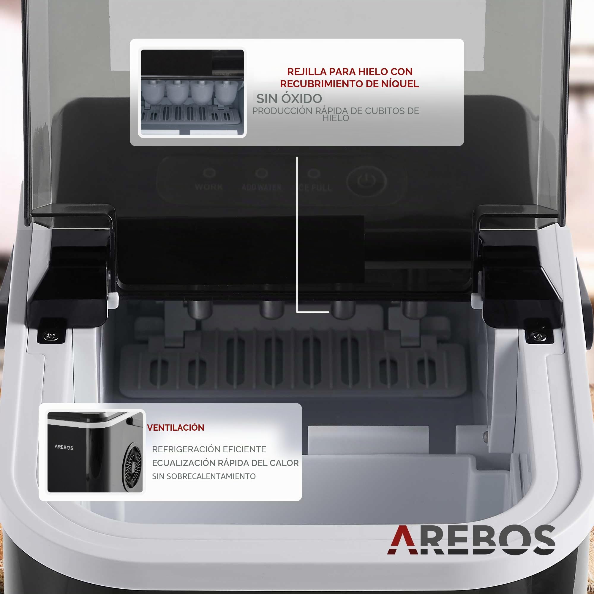 Arebos Fabricador de cubitos de hielo | 12 kg / 24 h | 10-15 minutos de tiempo de producción | Depósito de agua de 1,1 litros | Silencioso | Función de autolimpieza | Negro