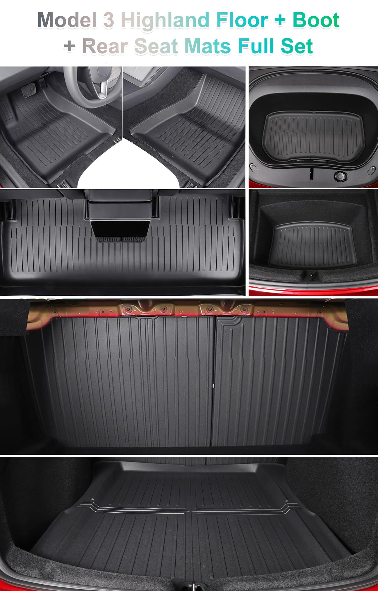 [8 PZS] GAFAT Tesla Model 3 Highland Standard Premium 2026 2025 2024 Alfombrillas Goma + Maletero Juego Completo, TPE Todo Tipo de Climas, Borde Alto Escaneo 3D Original OEM, Protección 360°