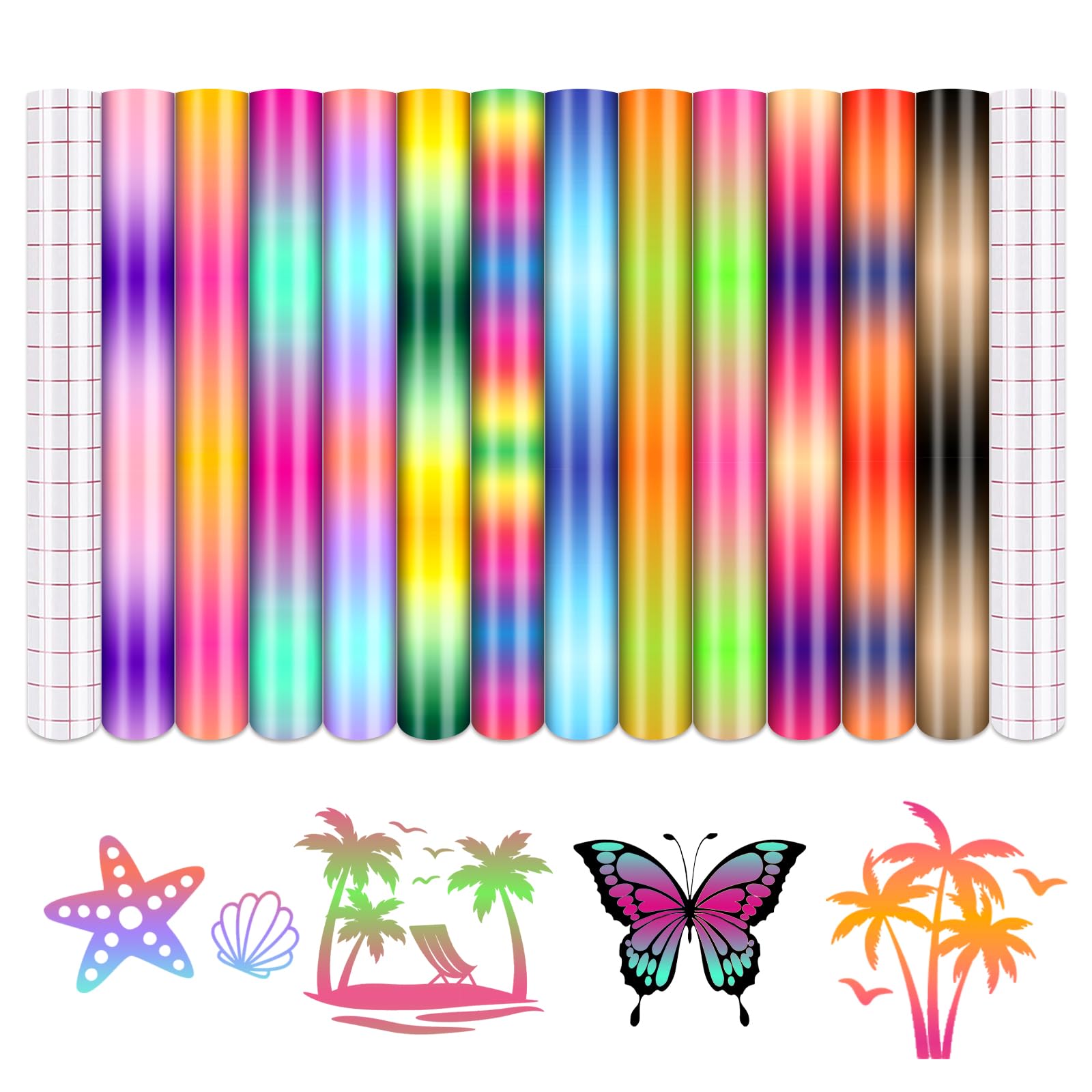 Tintnut Gradient Permanent Vinyl, Ombre Rainbow Pattern Adhesive Vinyl - 12 Sheets 12"x10", Sunset Permanent Adhesive Sheets for Cutting Machine,Home