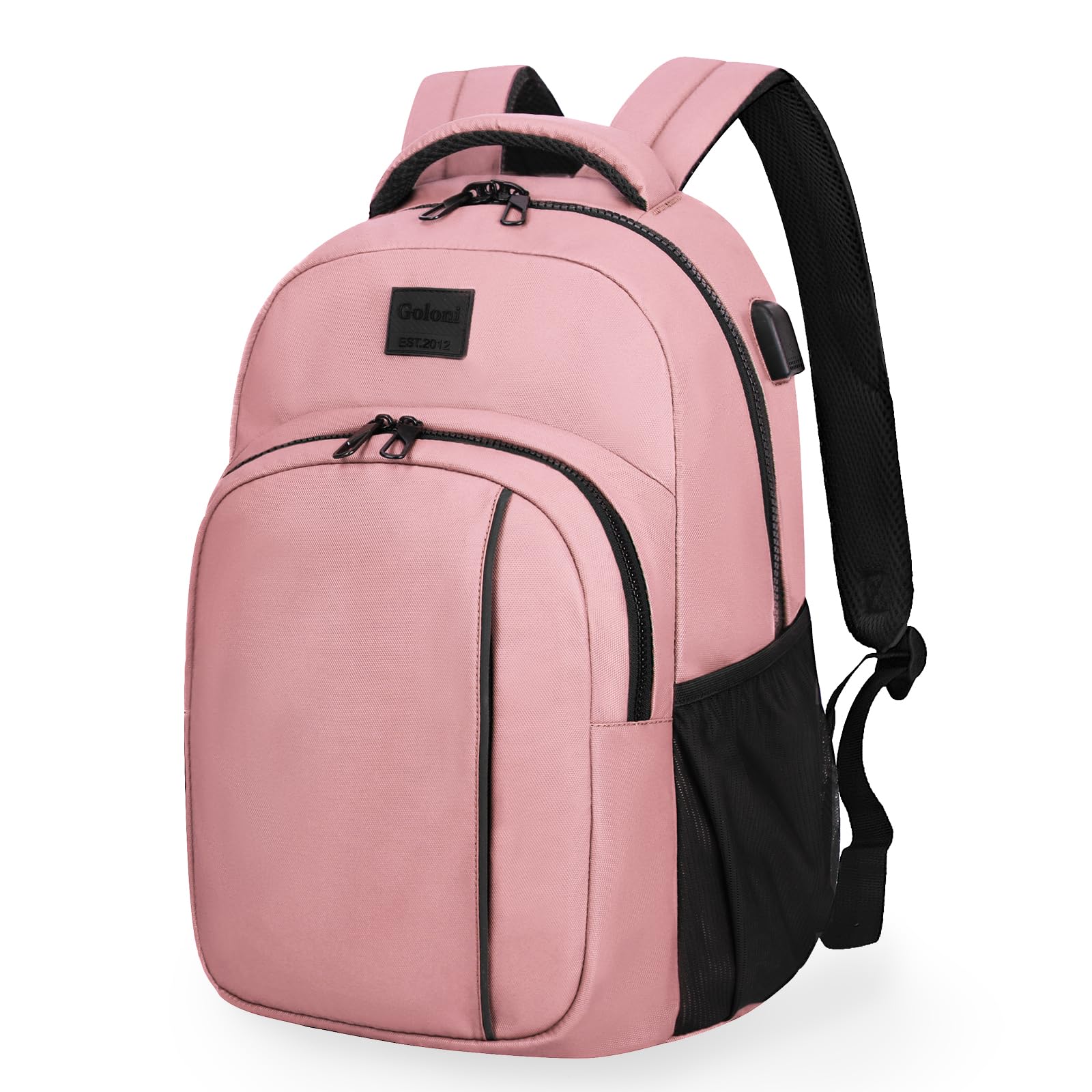 Goloni 15.6 Travel Laptop Backpack with USB Charging Port, Men Man Women Back Pack,Work,Casual College,High Schol Book Bag for Teens Lightweight Waterproof Casual Notebook Bag,Pink